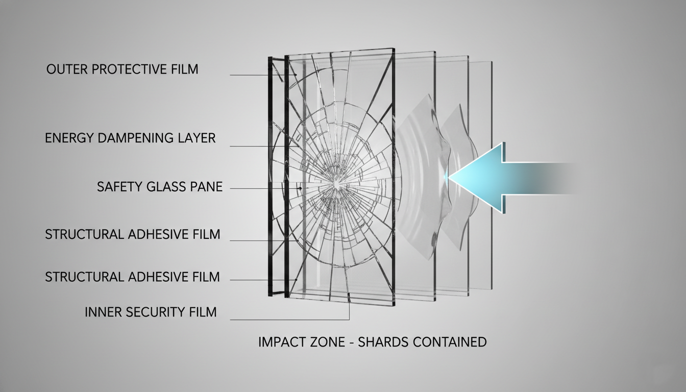 Diagram showing how 3M Safety and Security Window Film layers hold glass together after impact.