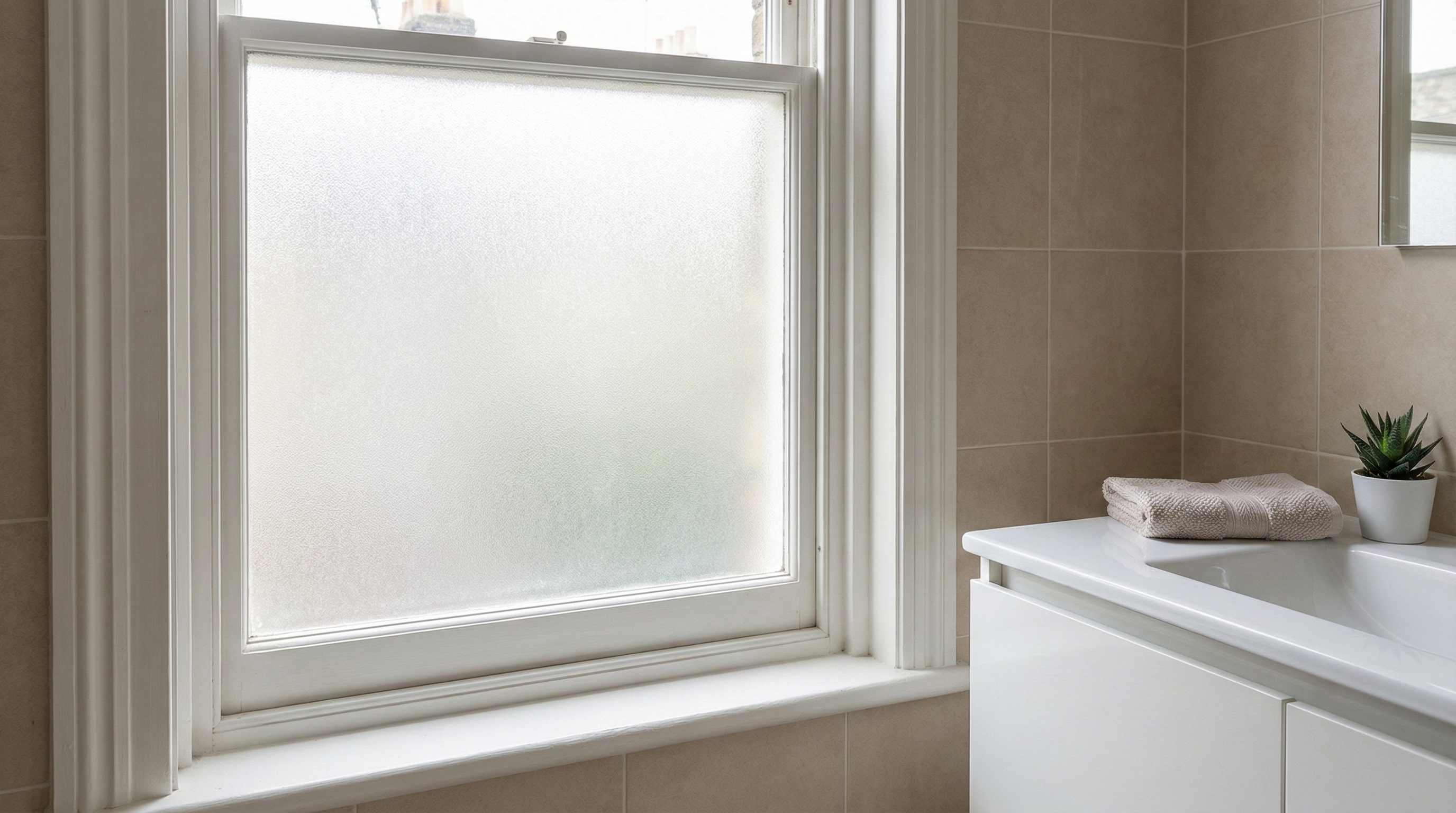 Frosted privacy window film professionally installed on a modern bathroom window