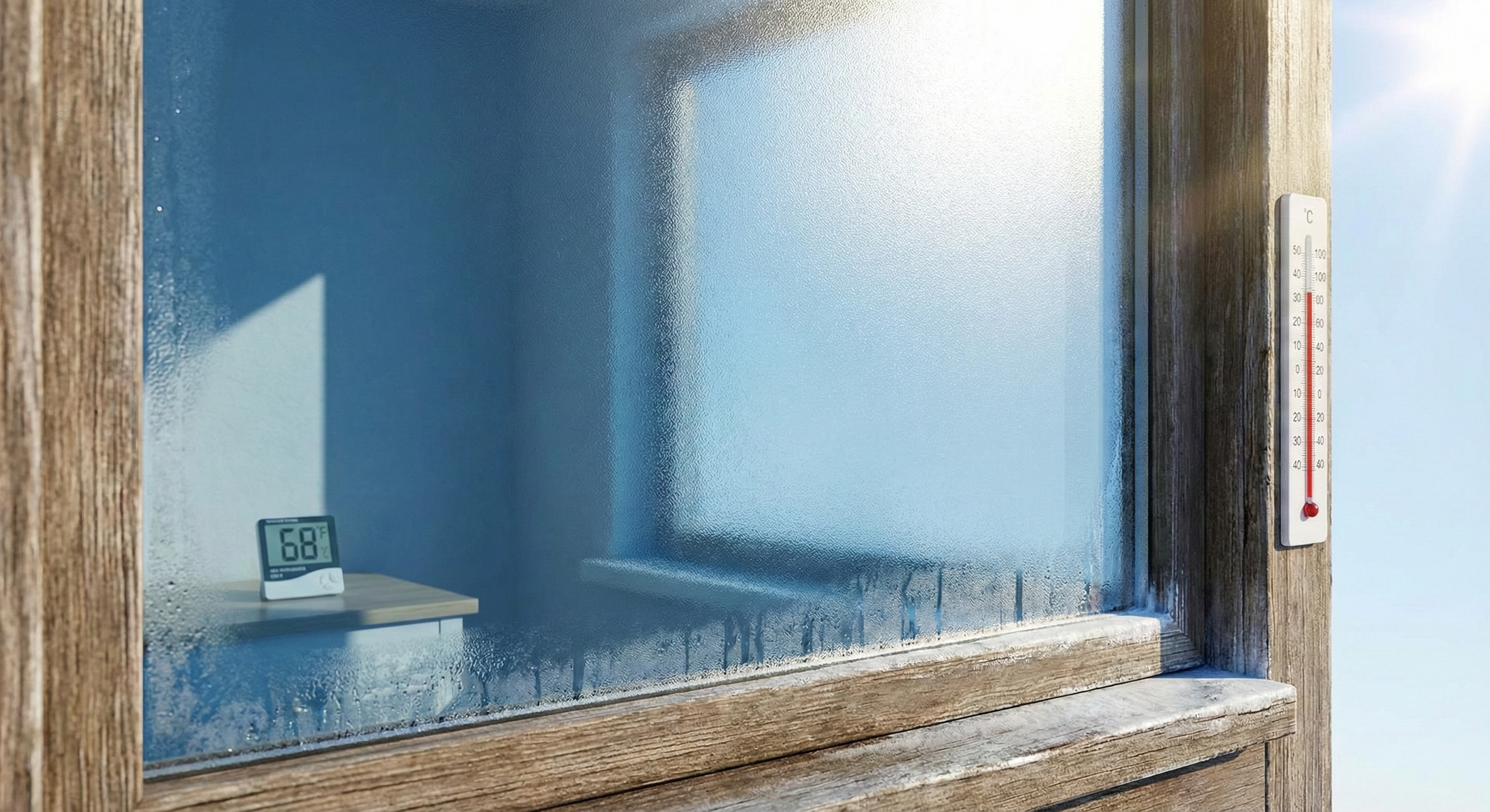 Residential window with ceramic heat-reducing window film blocking sunlight