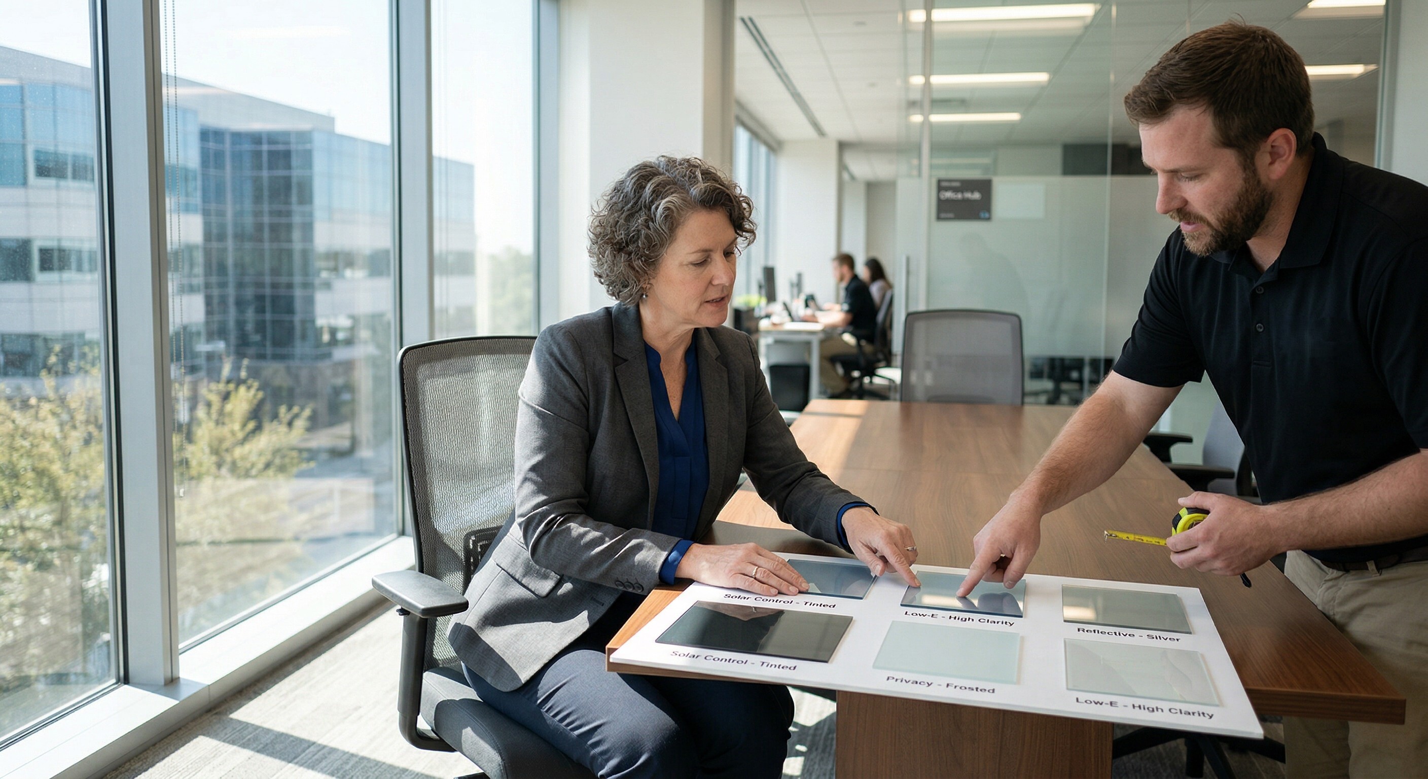 Office manager reviewing commercial window film options