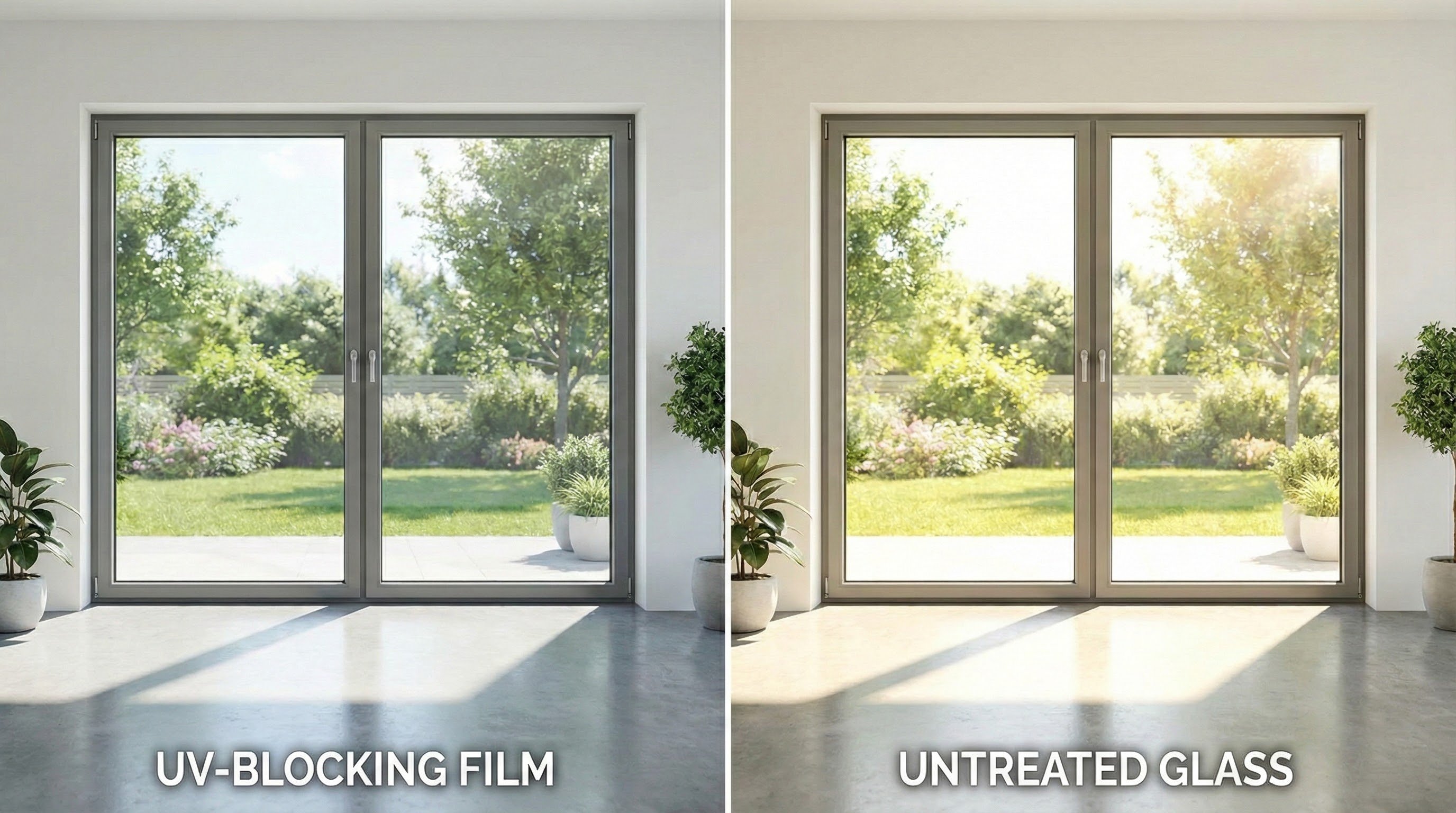 Clear window film blocking UV rays without darkening glass compared to untreated window