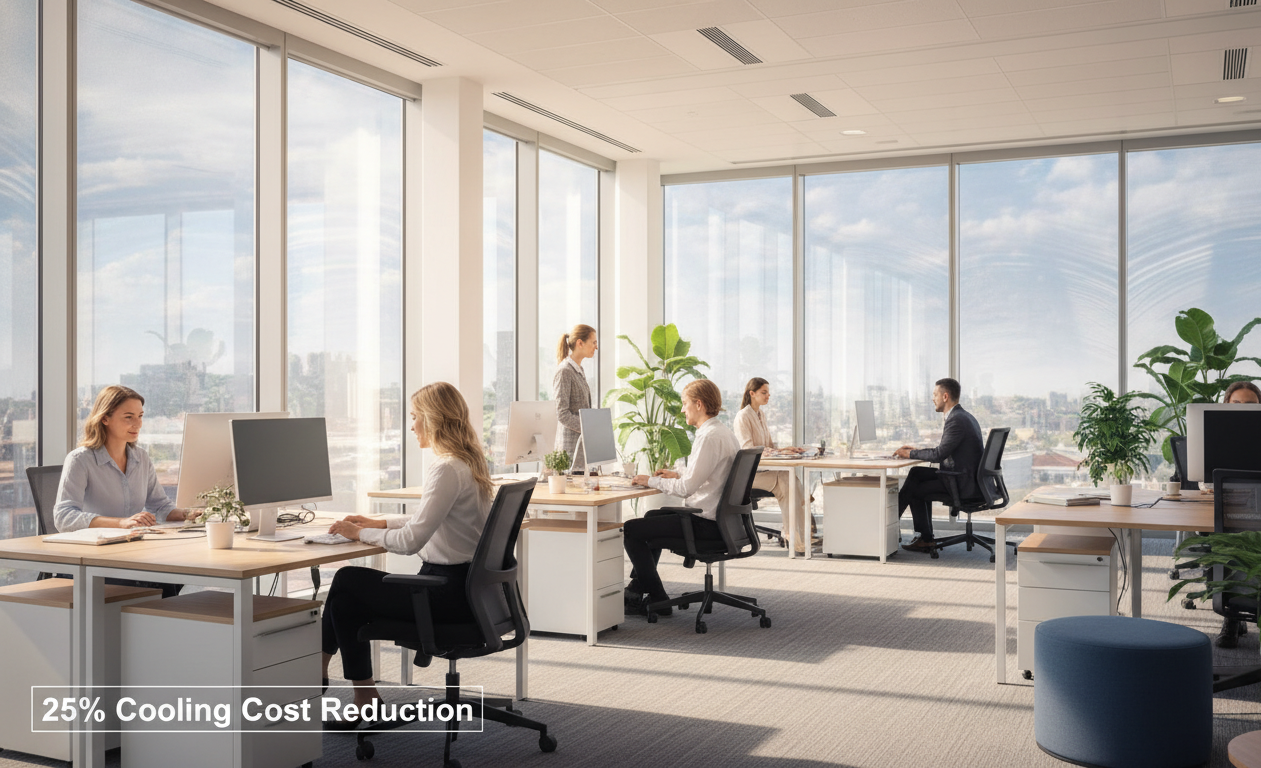 Office interior with reflective solar control window film reducing heat and glare, improving comfort.