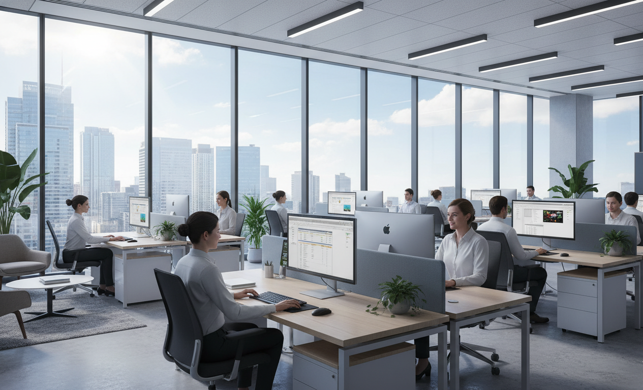Office with solar control window film improving comfort and energy efficiency