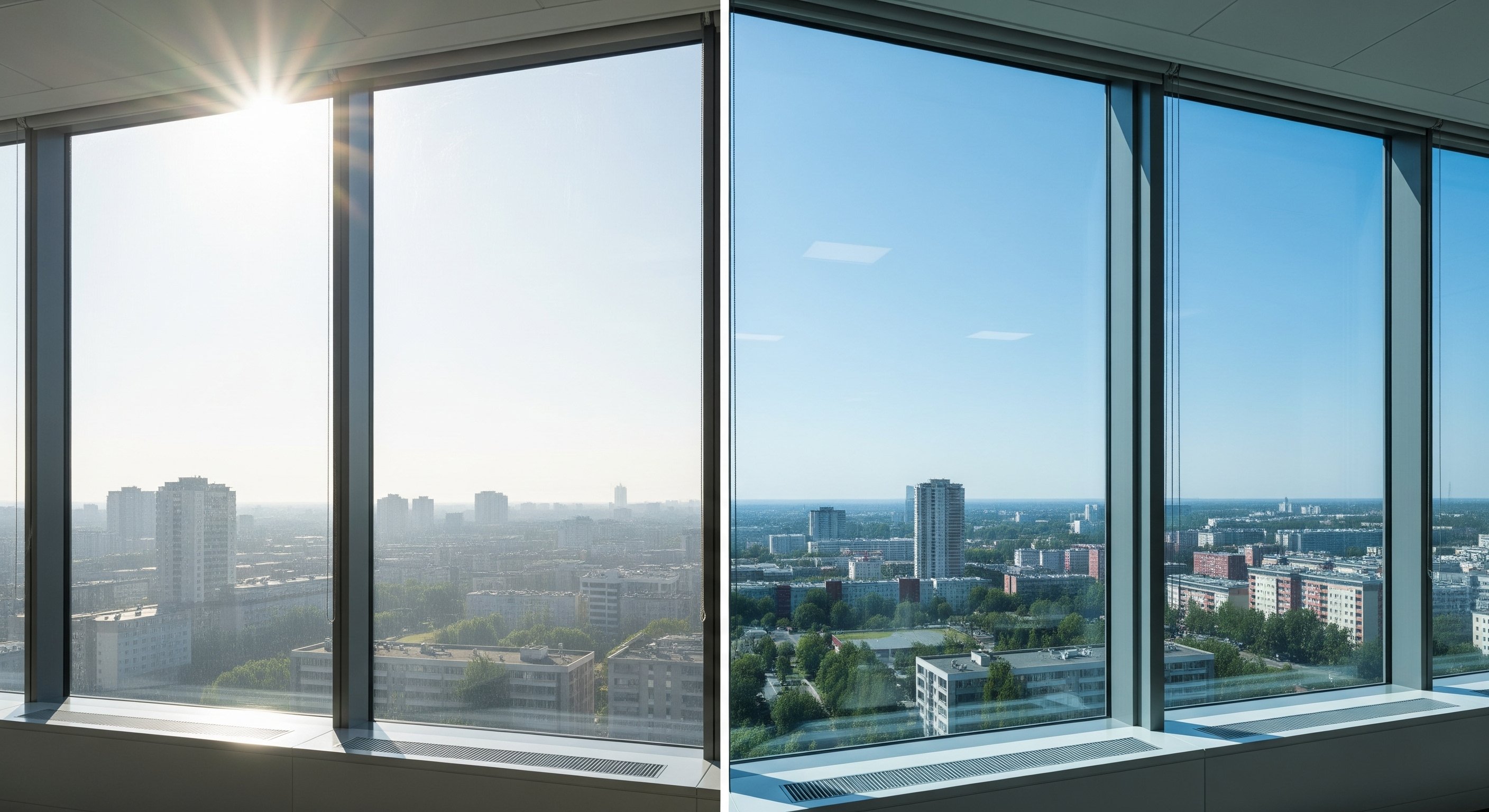 A close-up of a large window split in half, demonstrating how commercial solar film eliminates blinding sun glare and creates a clear view.