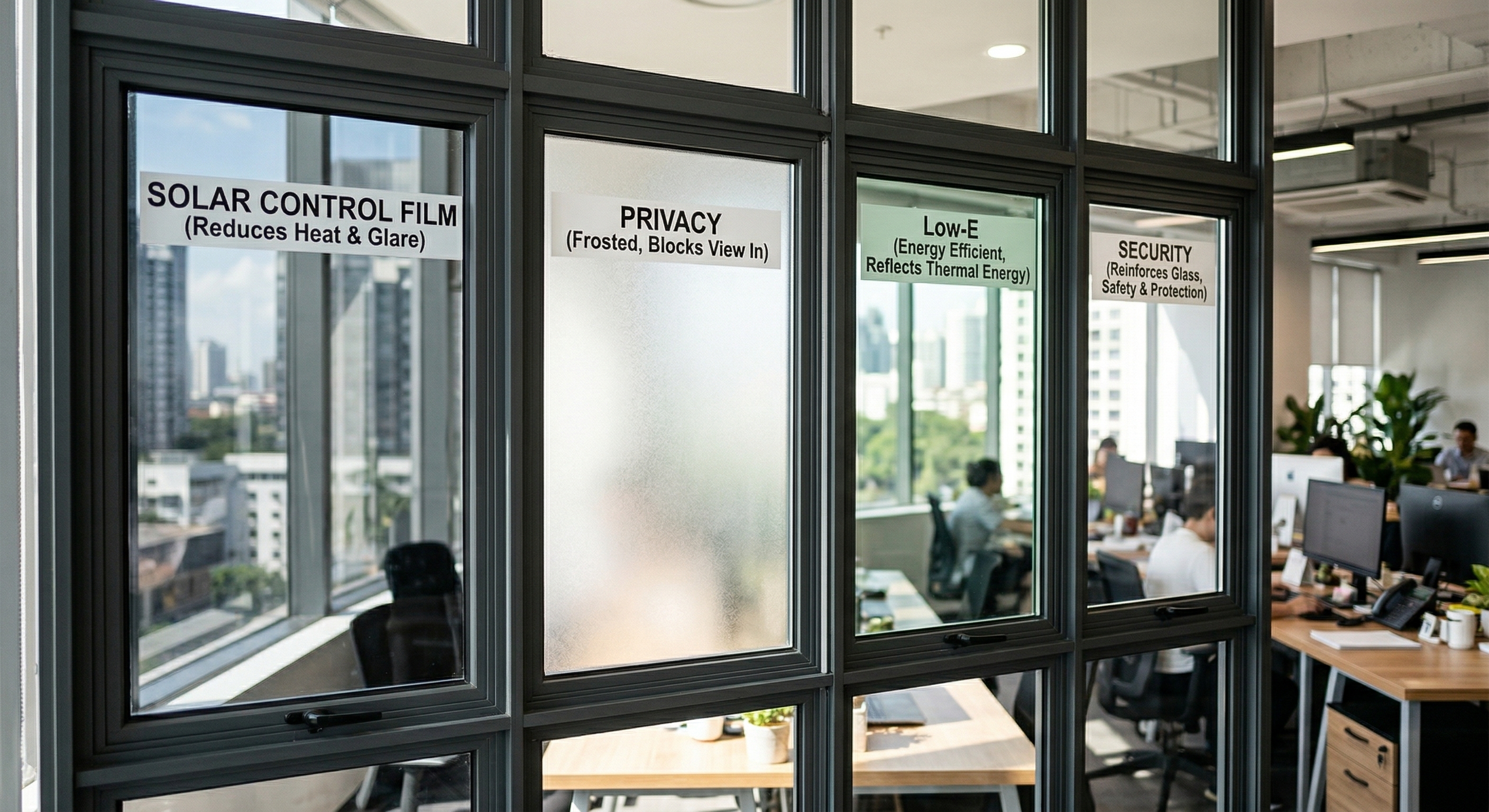 Solar, privacy, Low-E, and security window films for commercial buildings