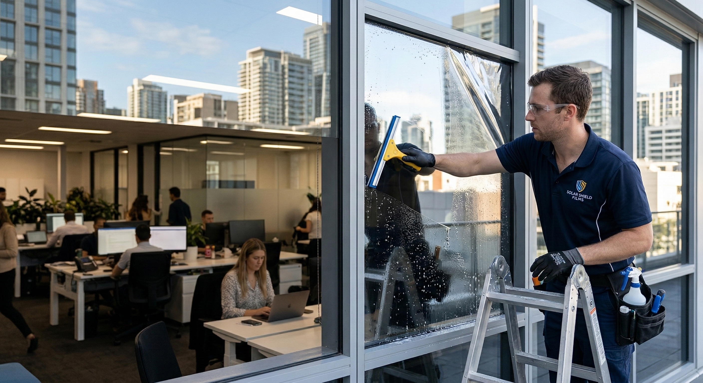 Professional installing solar-control commercial window film to reduce energy costs