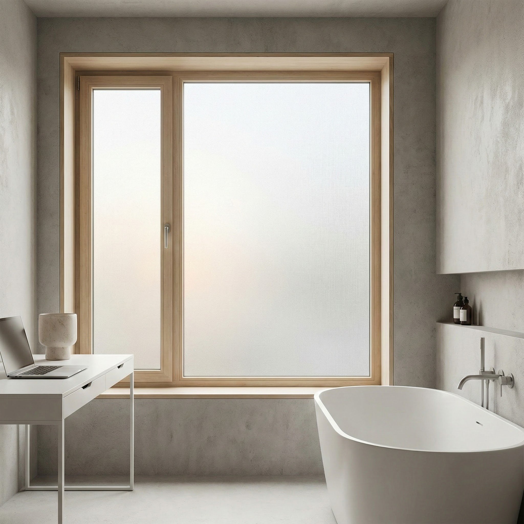 Frosted privacy window film providing consistent privacy during day and night