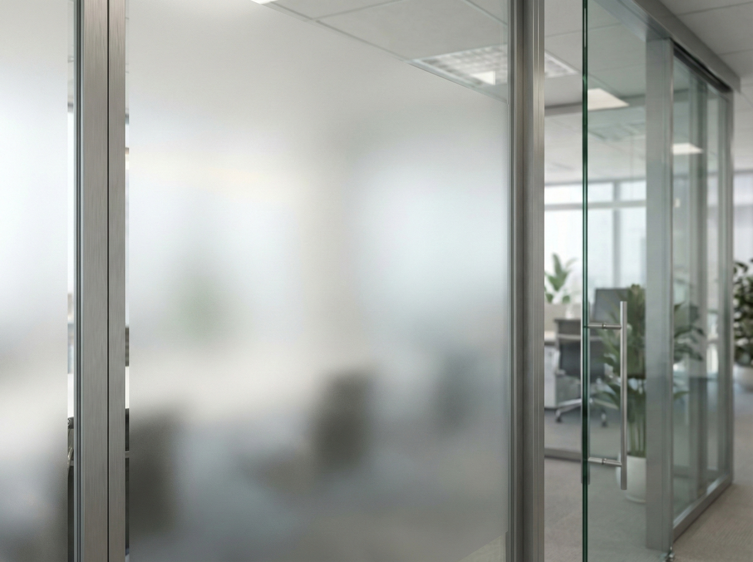 Frosted window film providing privacy for a glass conference room while maintaining natural light