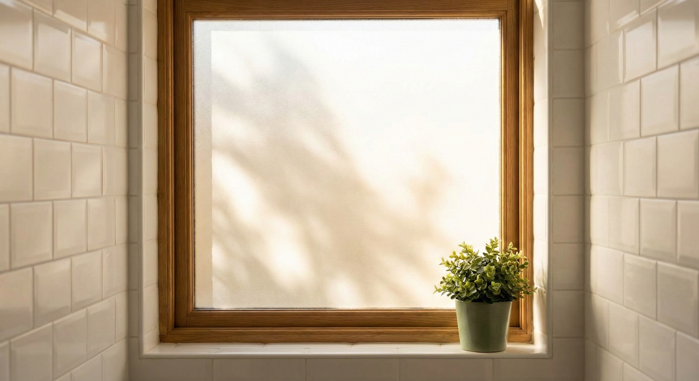 Bathroom window with frosted privacy film allowing natural light while ensuring privacy.