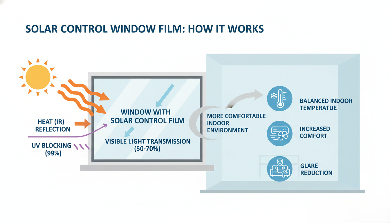 Diagram showing how solar control window films reflect heat and block UV rays to maintain indoor comfort.