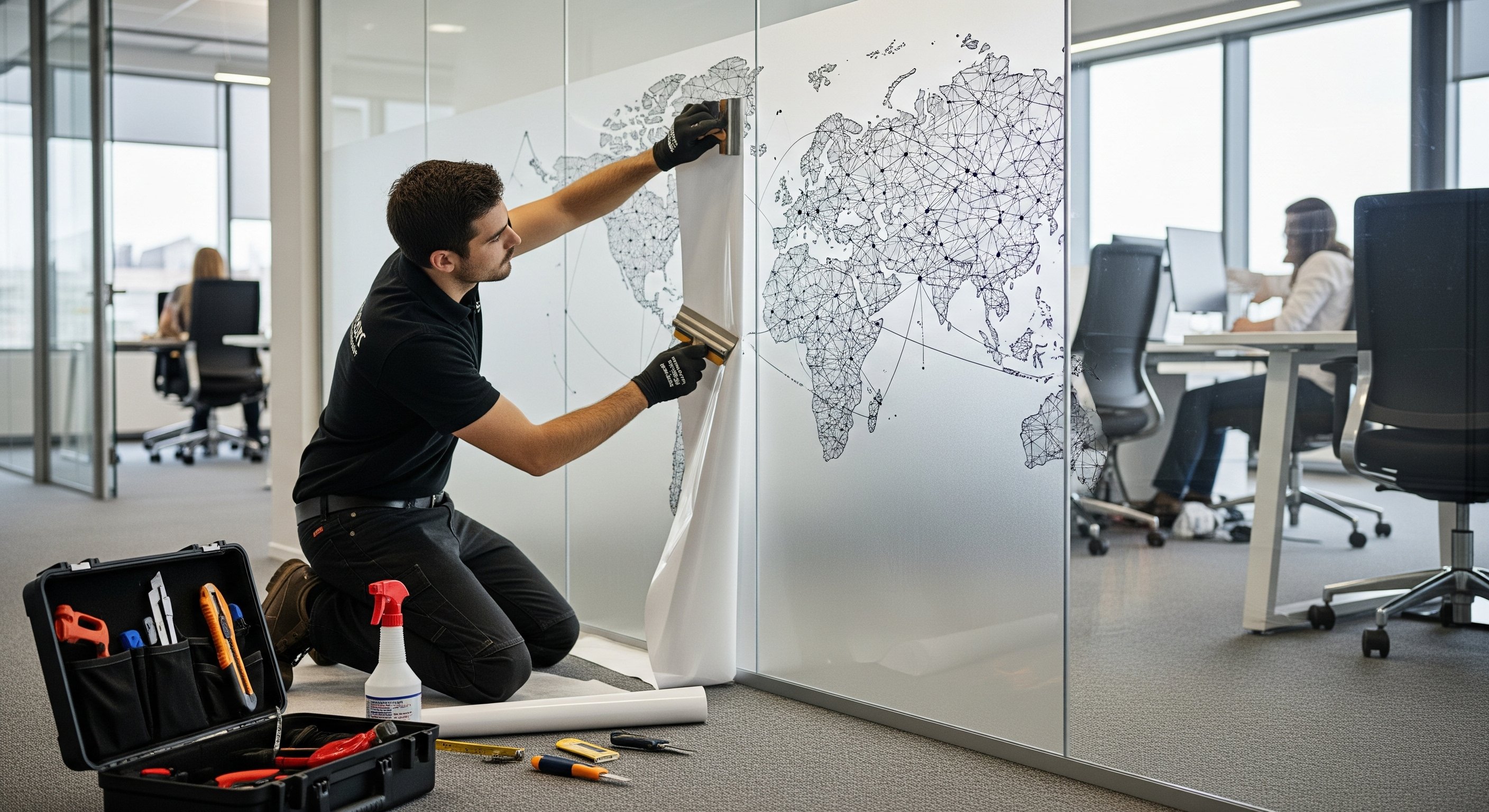 Professional installer applying custom graphic film to office glass wall