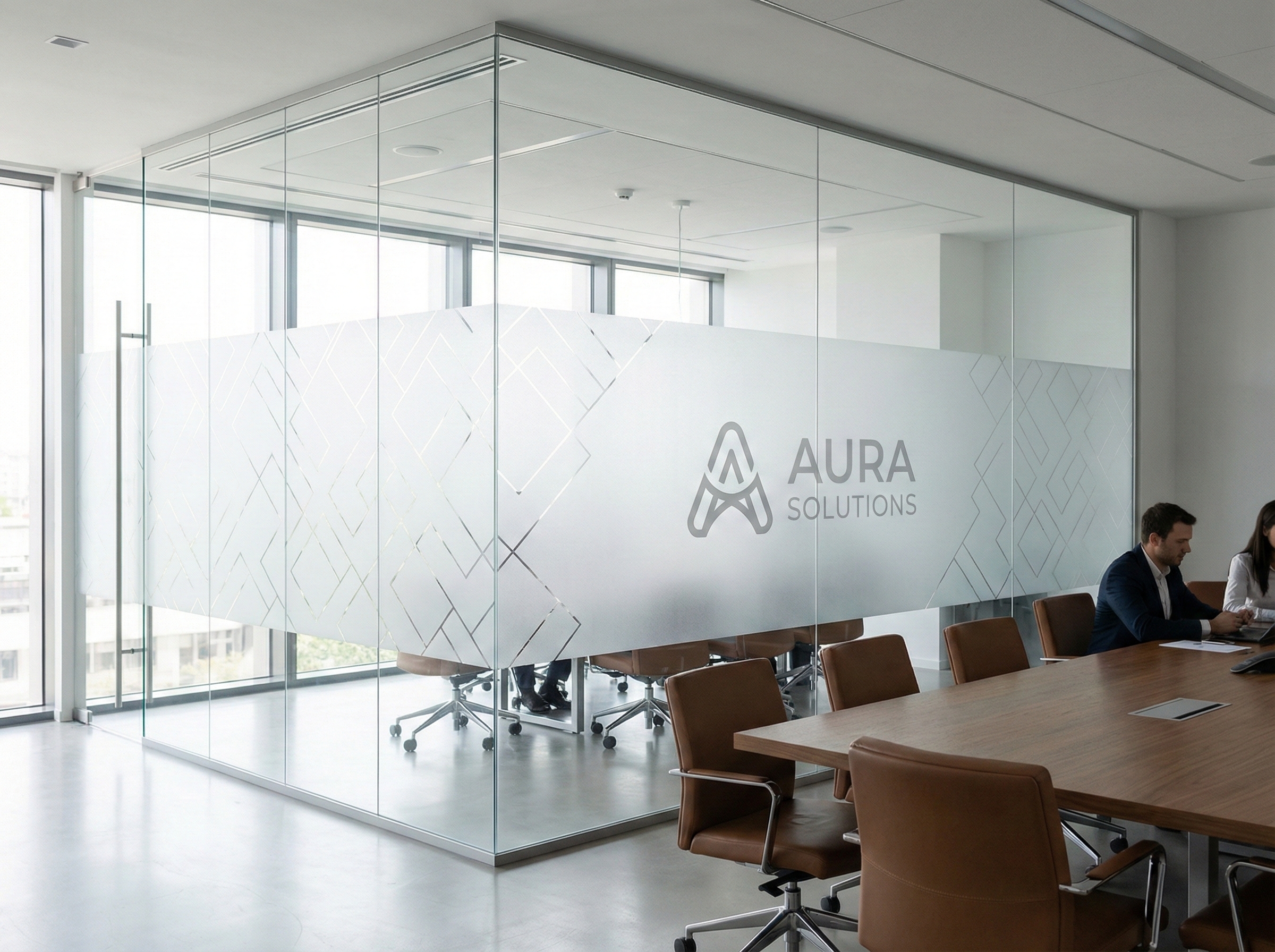 Office branding using decorative window film with logo on conference room glass