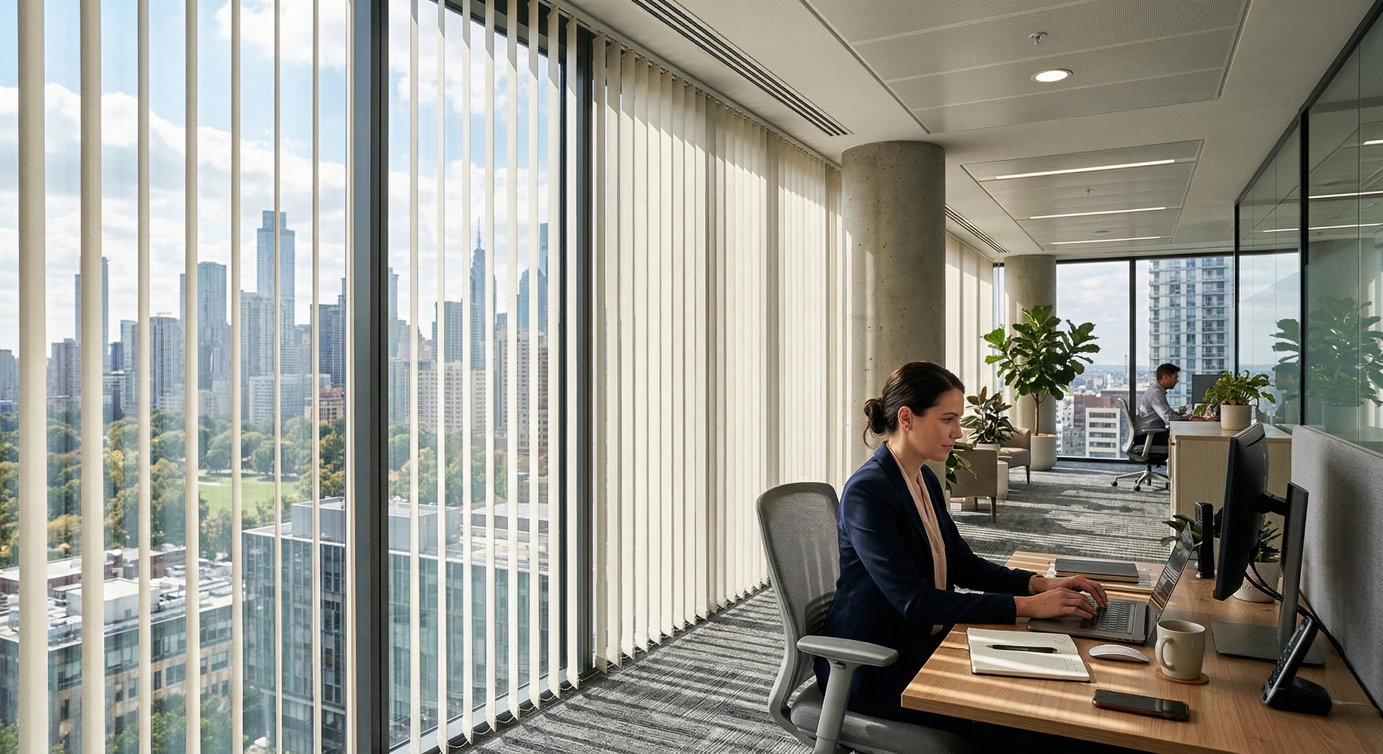 Office with adjustable blinds reducing sunlight and heat while maintaining natural light