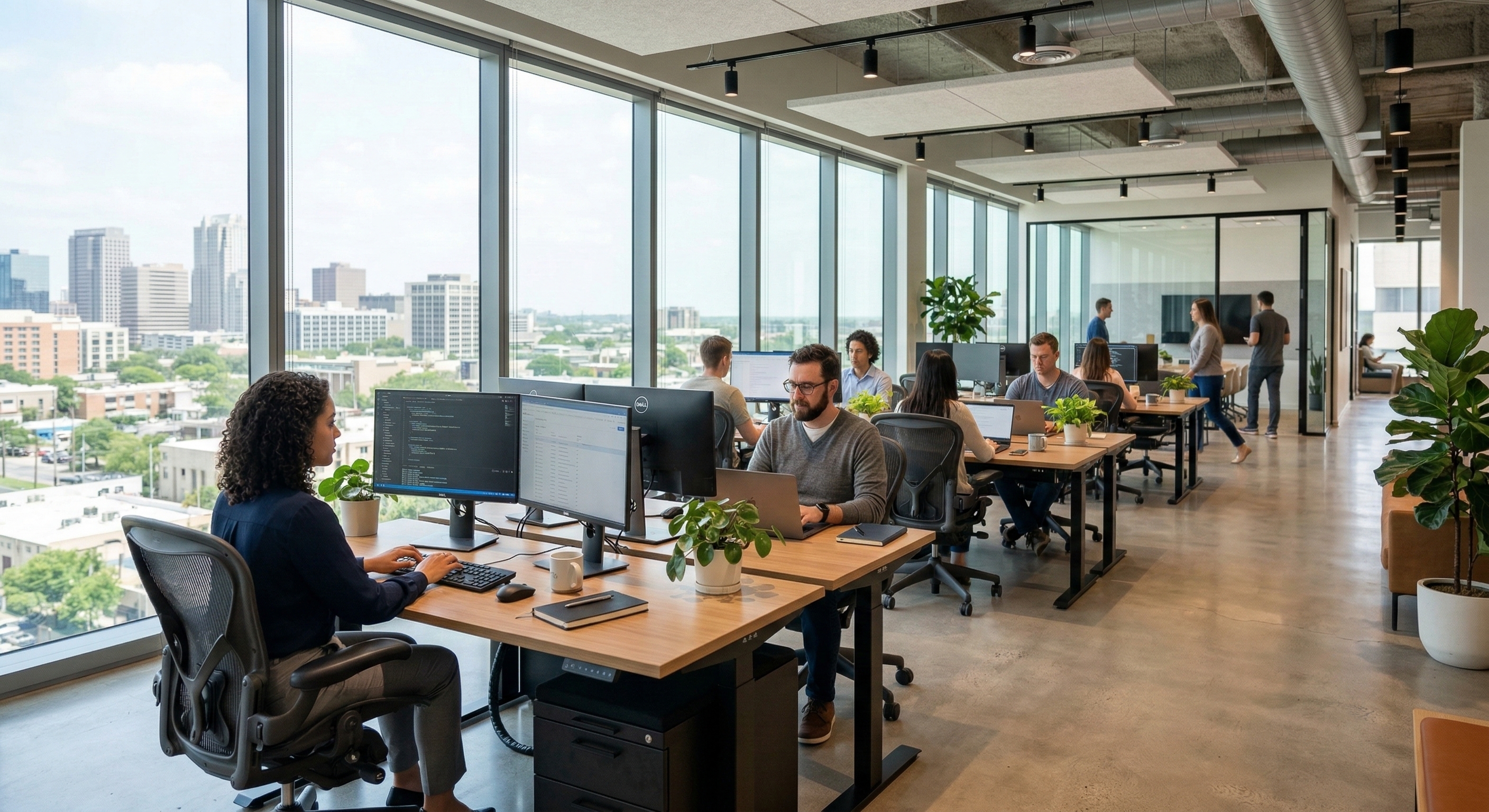 Office interior showing reduced glare and improved comfort with commercial window film