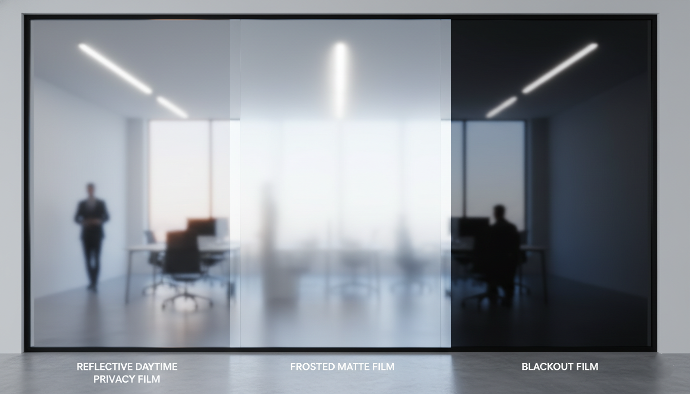 Comparison of reflective, frosted, and blackout privacy window films on office glass partitions.