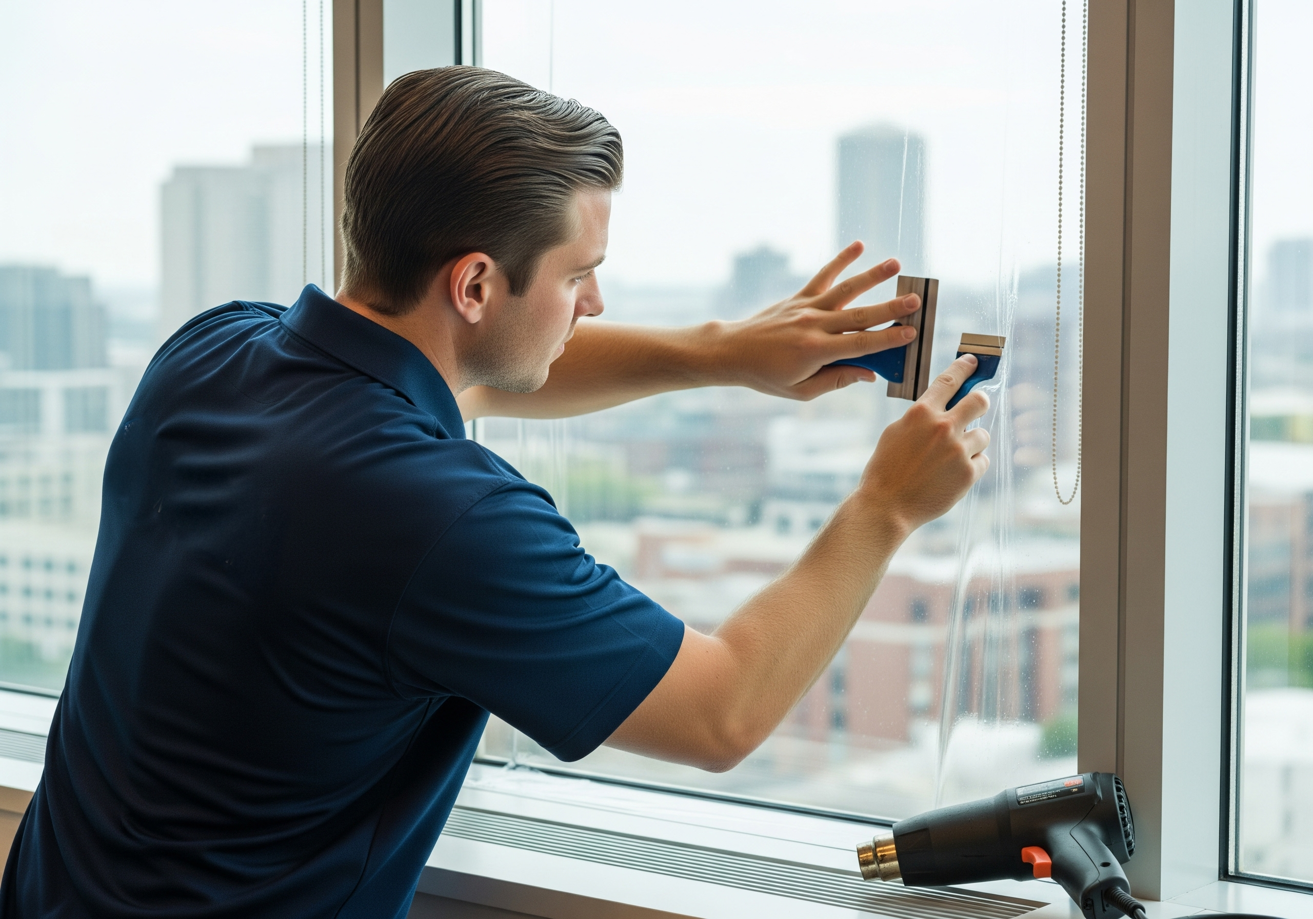 Professional installing commercial window film on office glass