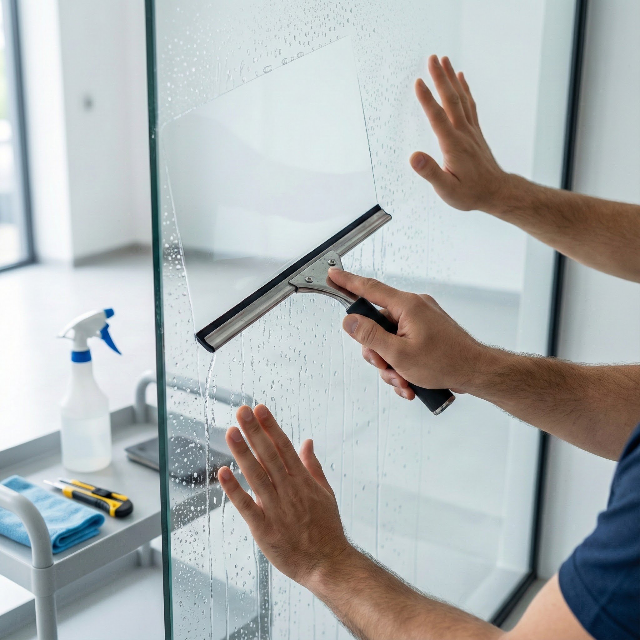 Professional installation of security window film on commercial glass window