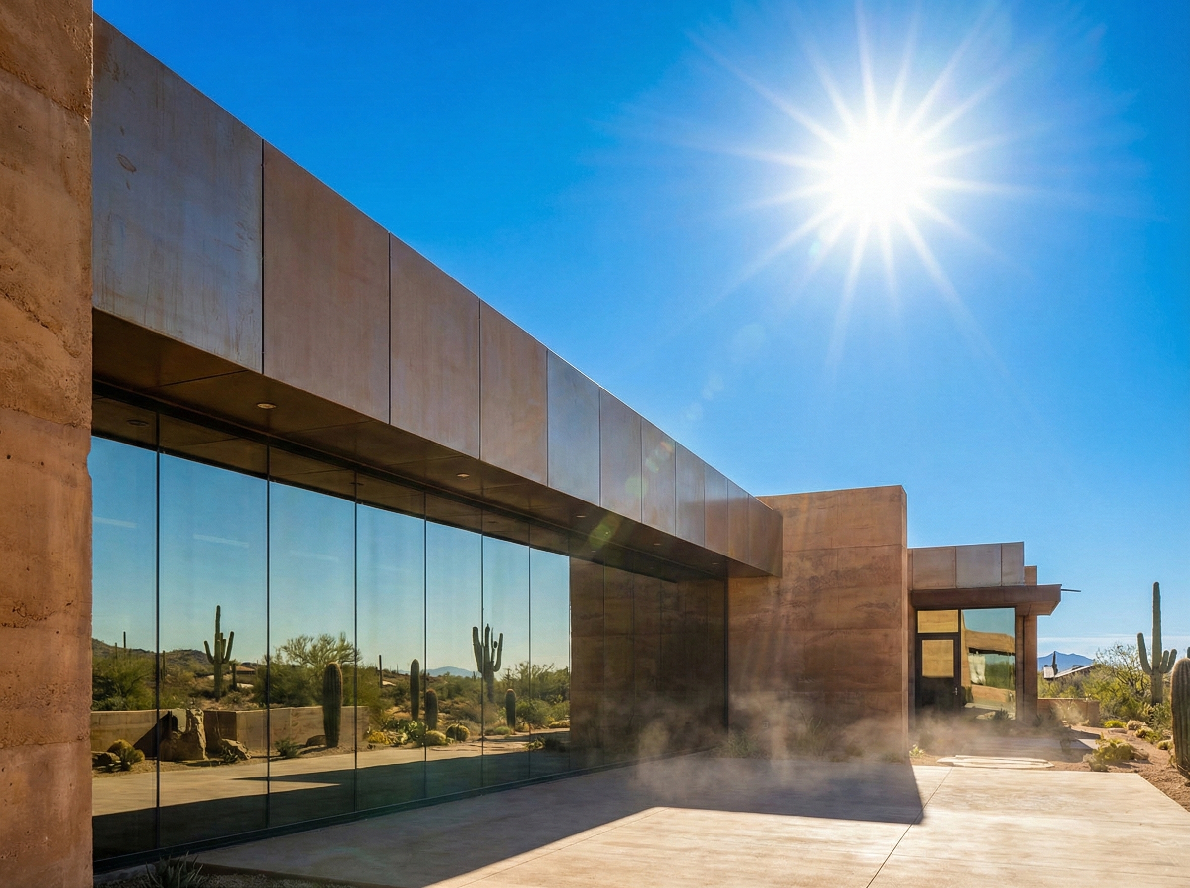 Reflective window film reducing solar heat on building windows in a desert climate