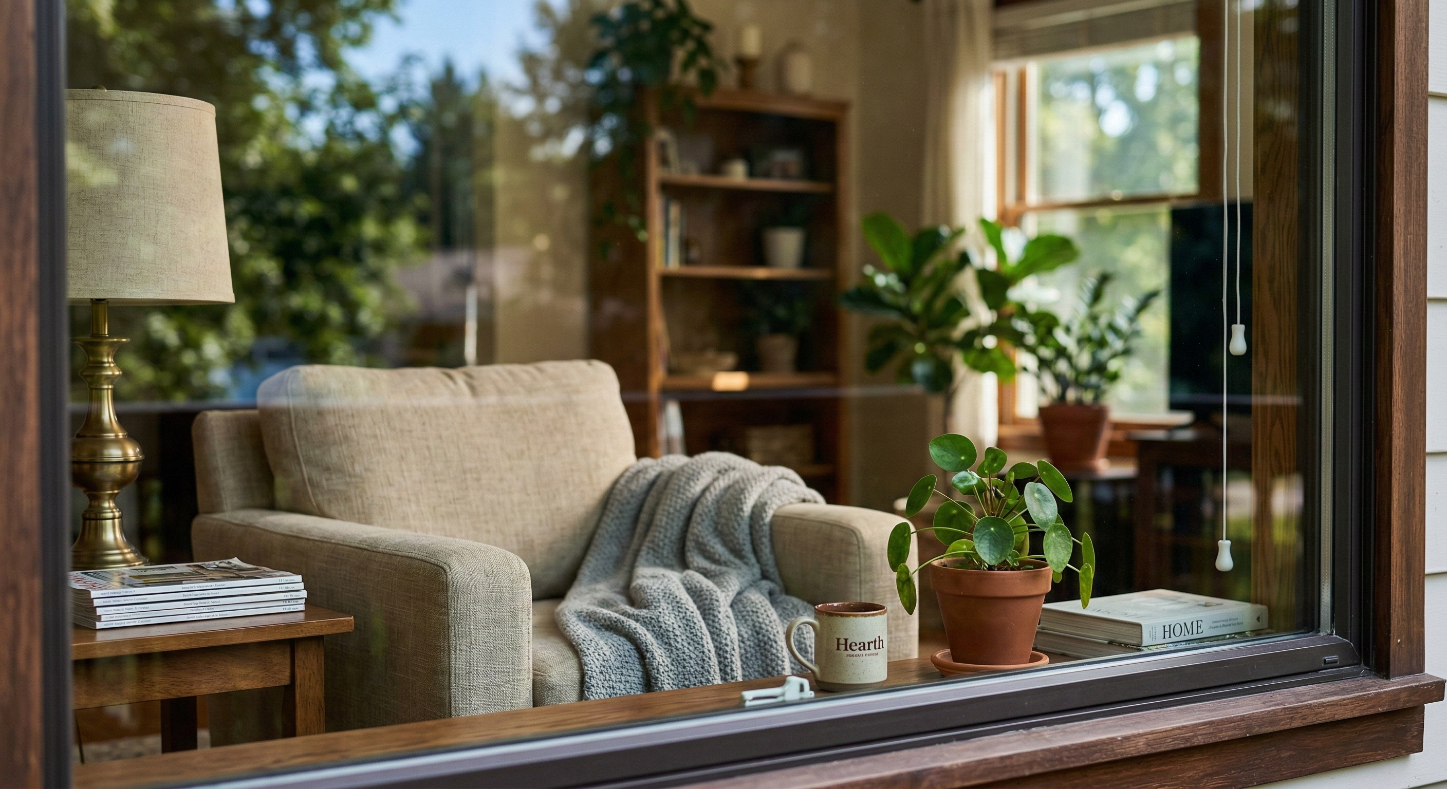 Reflective residential window film blocking heat in a living room