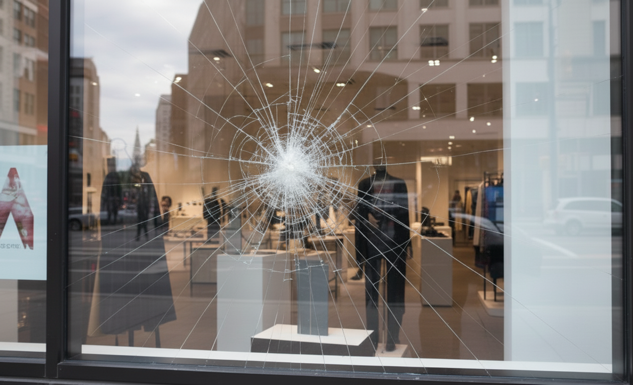 Safety window film holding cracked glass together during an impact demonstration.