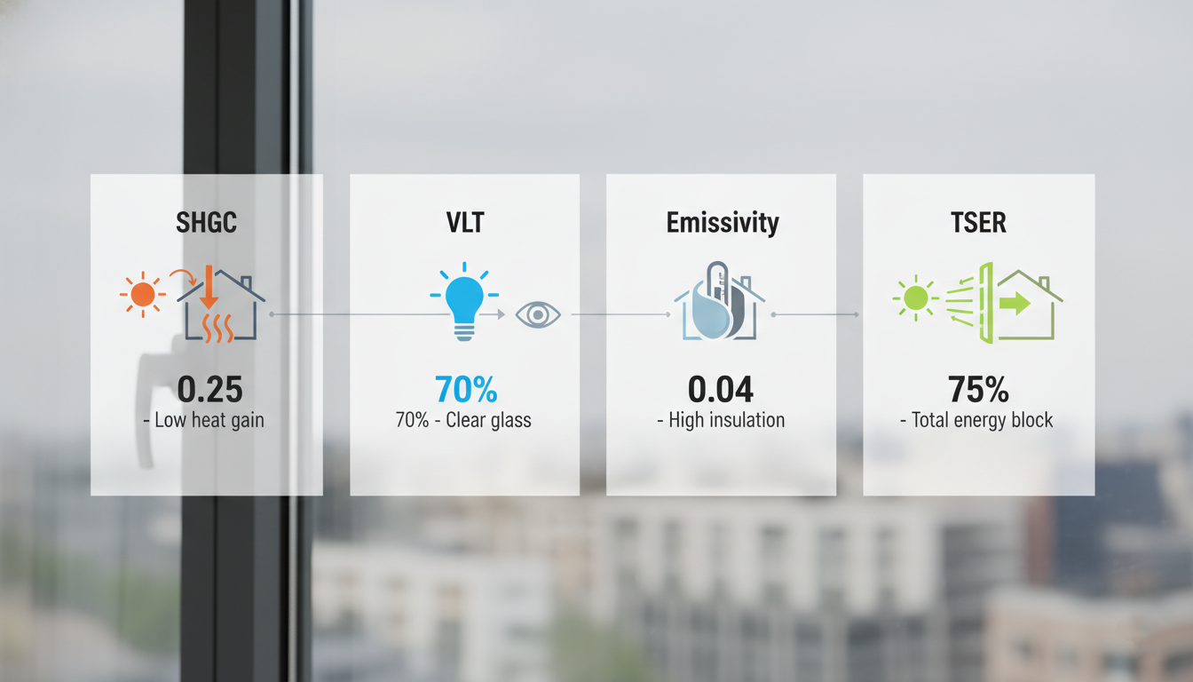 Technical performance metrics for energy-saving window film including SHGC, VLT, TSER, and emissivity