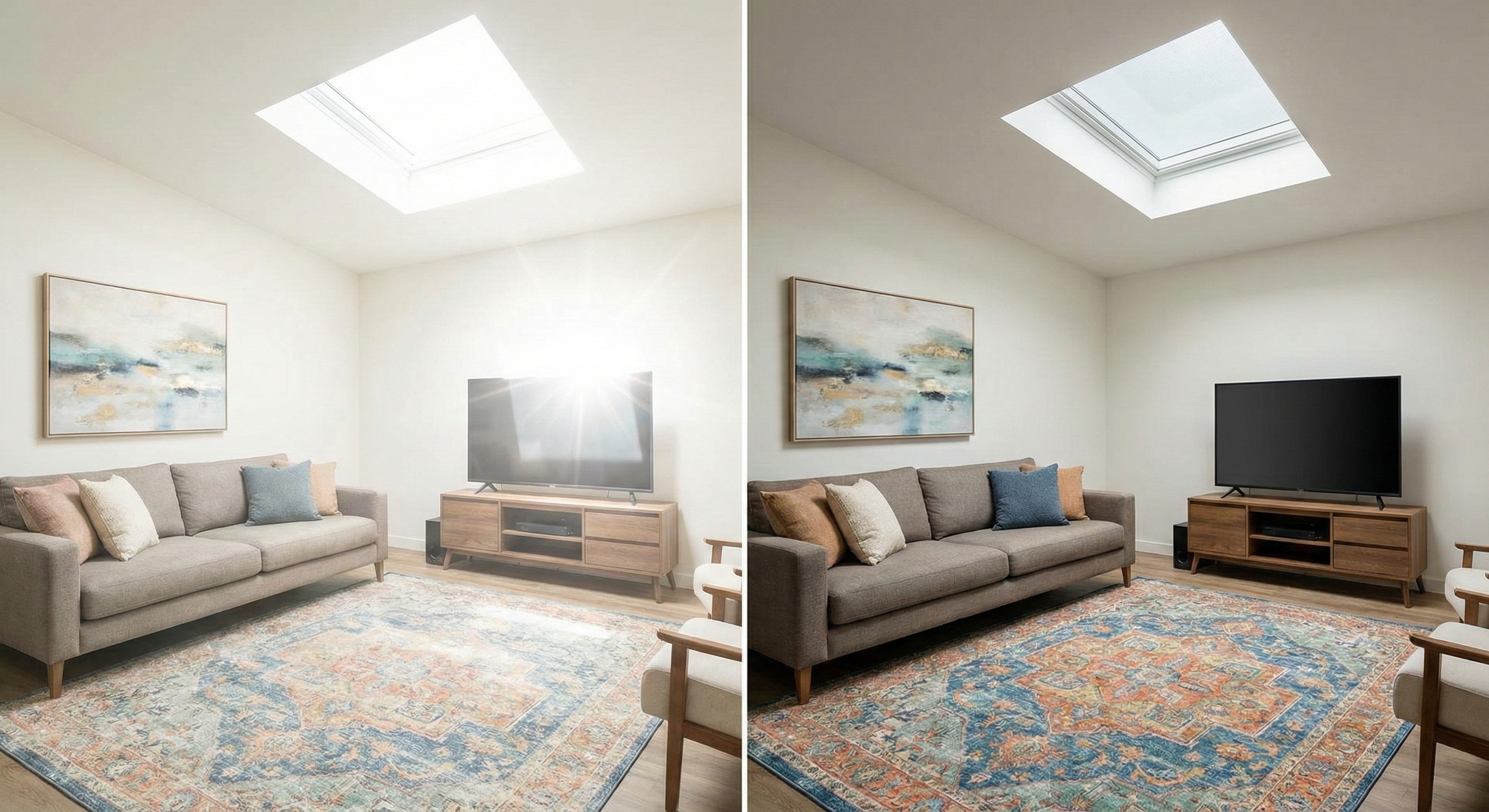 Comparison of a living room before and after skylight window film installation showing reduced glare and protected interiors