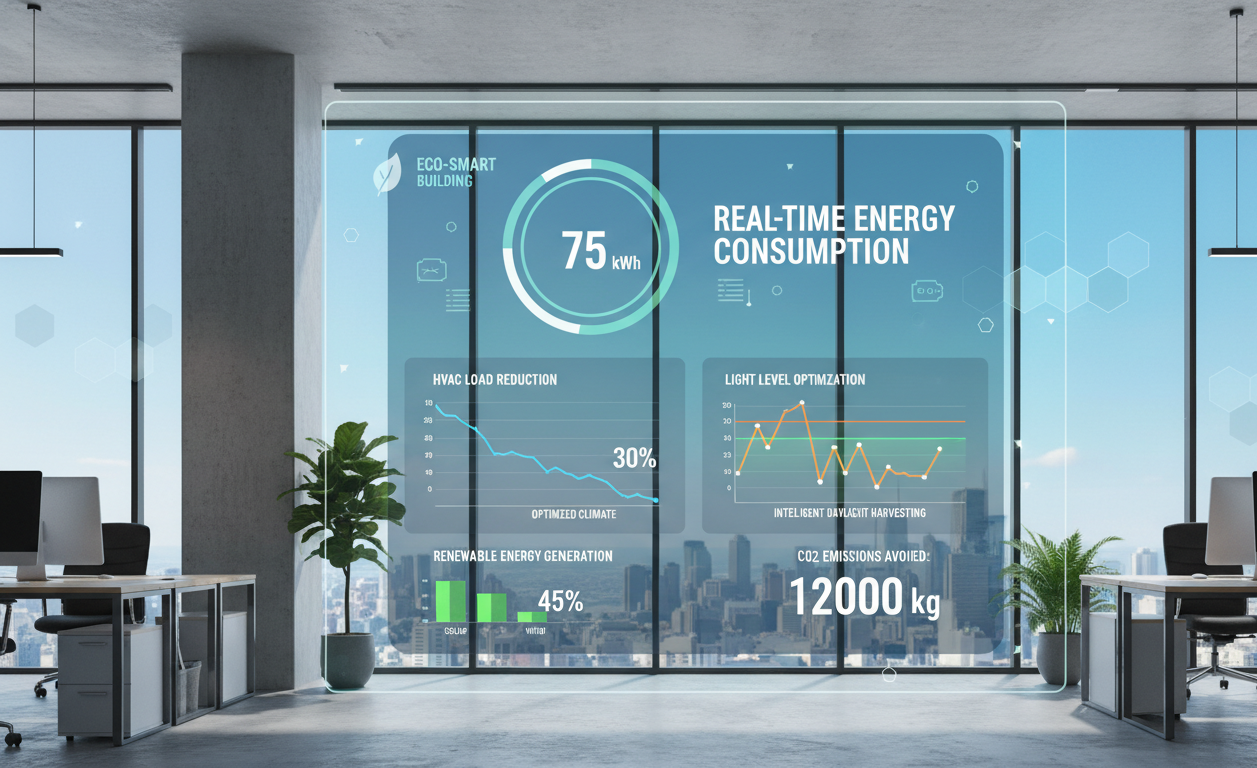Smart building dashboard showing energy savings from window films and reduced HVAC load