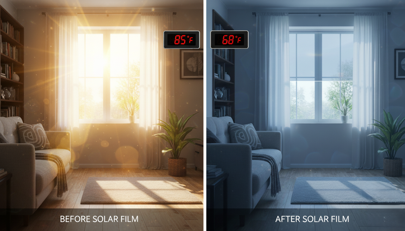 Comparison showing reduced indoor heat and glare after installing solar control window film.