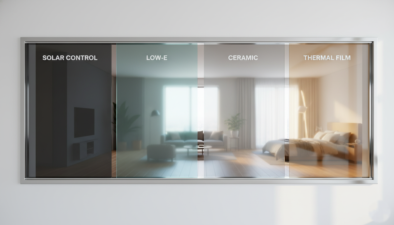 Visual comparison of solar control, low-E, ceramic, and thermal window films