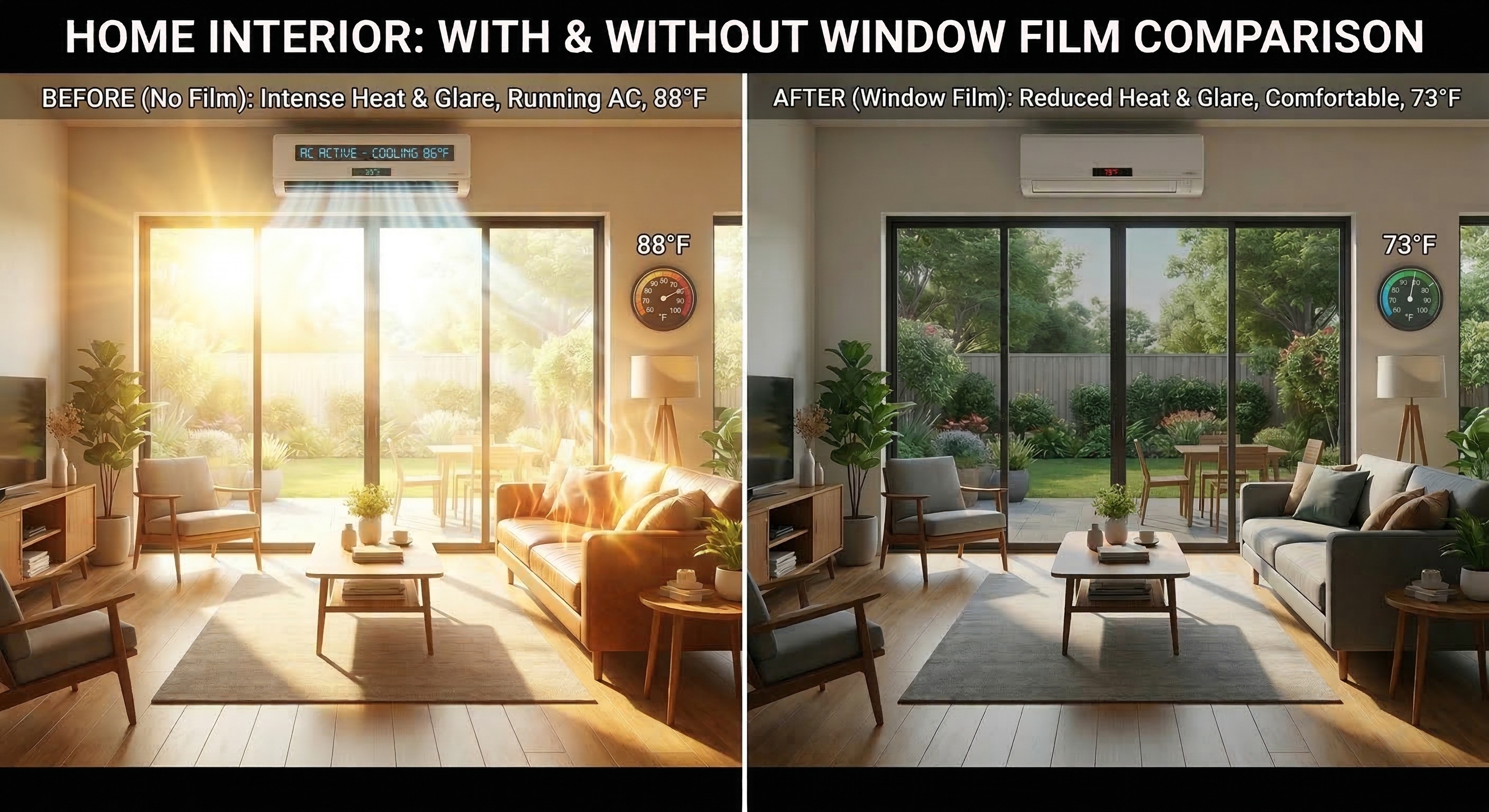 comparison showing how solar control window film reduces indoor heat and cooling costs