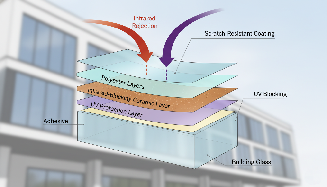 Cross-section diagram showing how solar window film blocks infrared and UV energy.