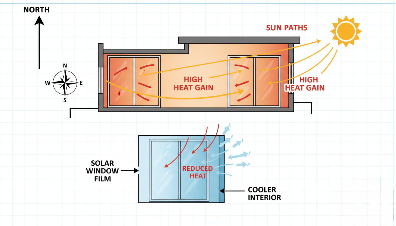 Diagram showing how solar window film controls heat on south- and west-facing building windows.
