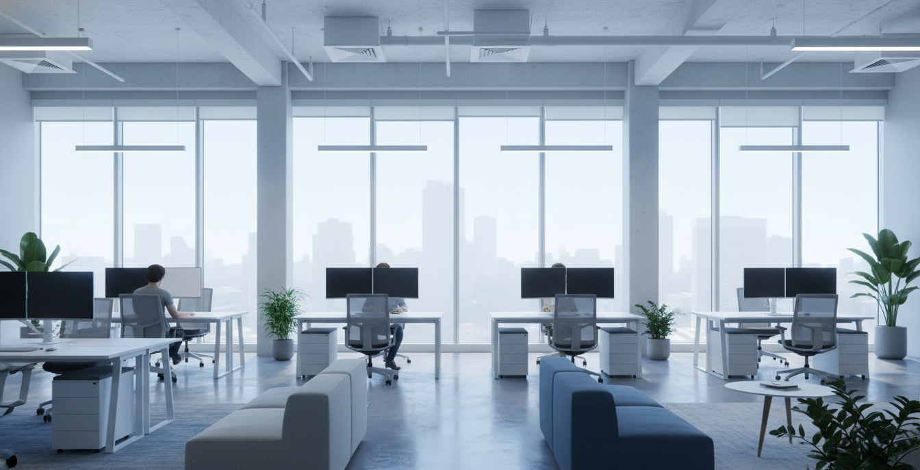 Office with solar window film showing reduced glare and balanced natural light.