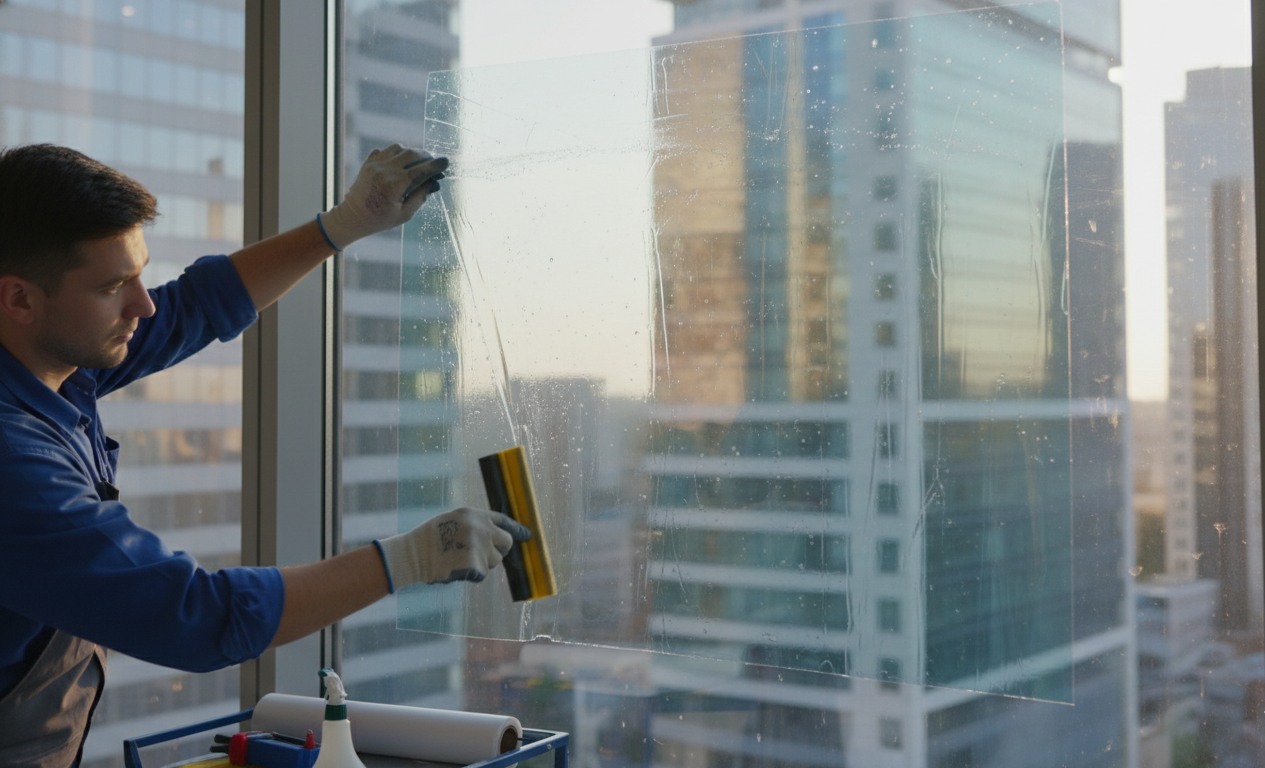Technician installing solar control window film on office windows to improve energy efficiency