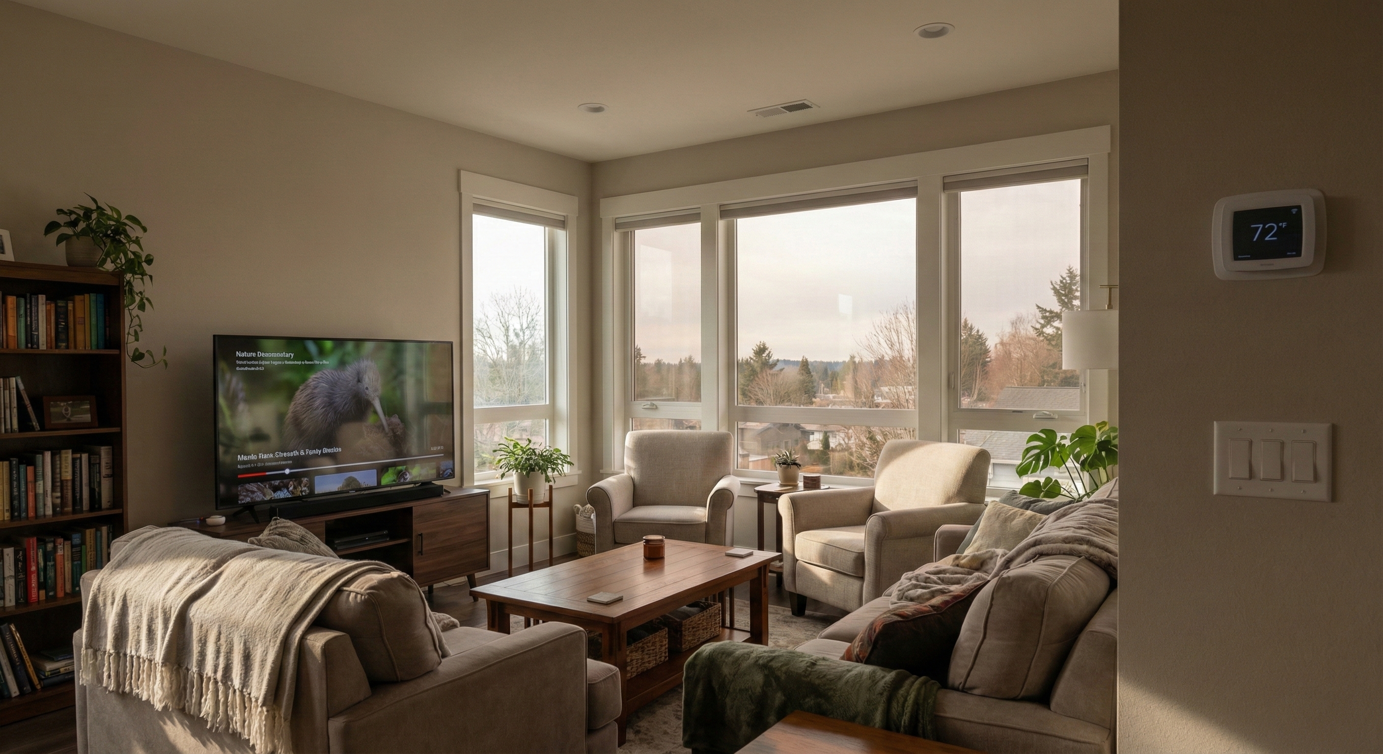 Tinted window film in living room reducing glare and protecting furniture from sunlight.