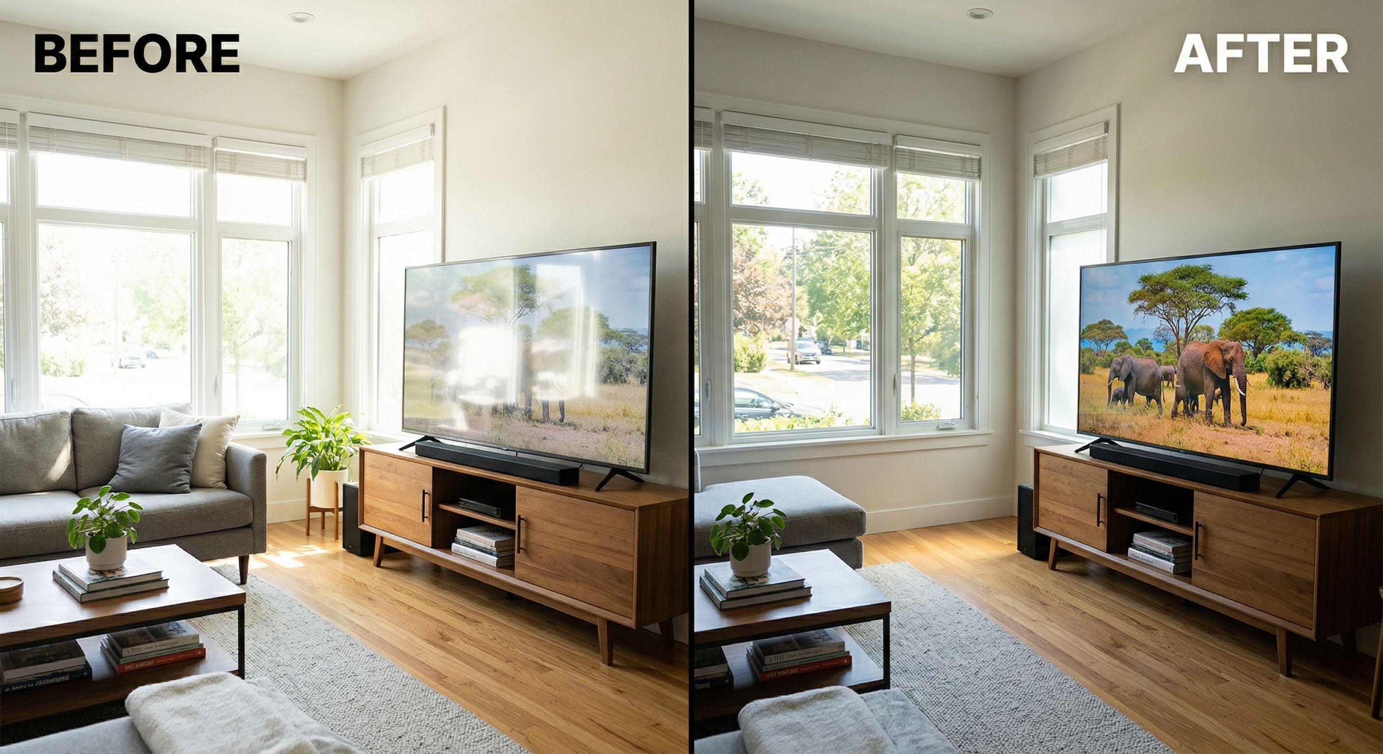 Comparison showing TV glare before and after window film installation