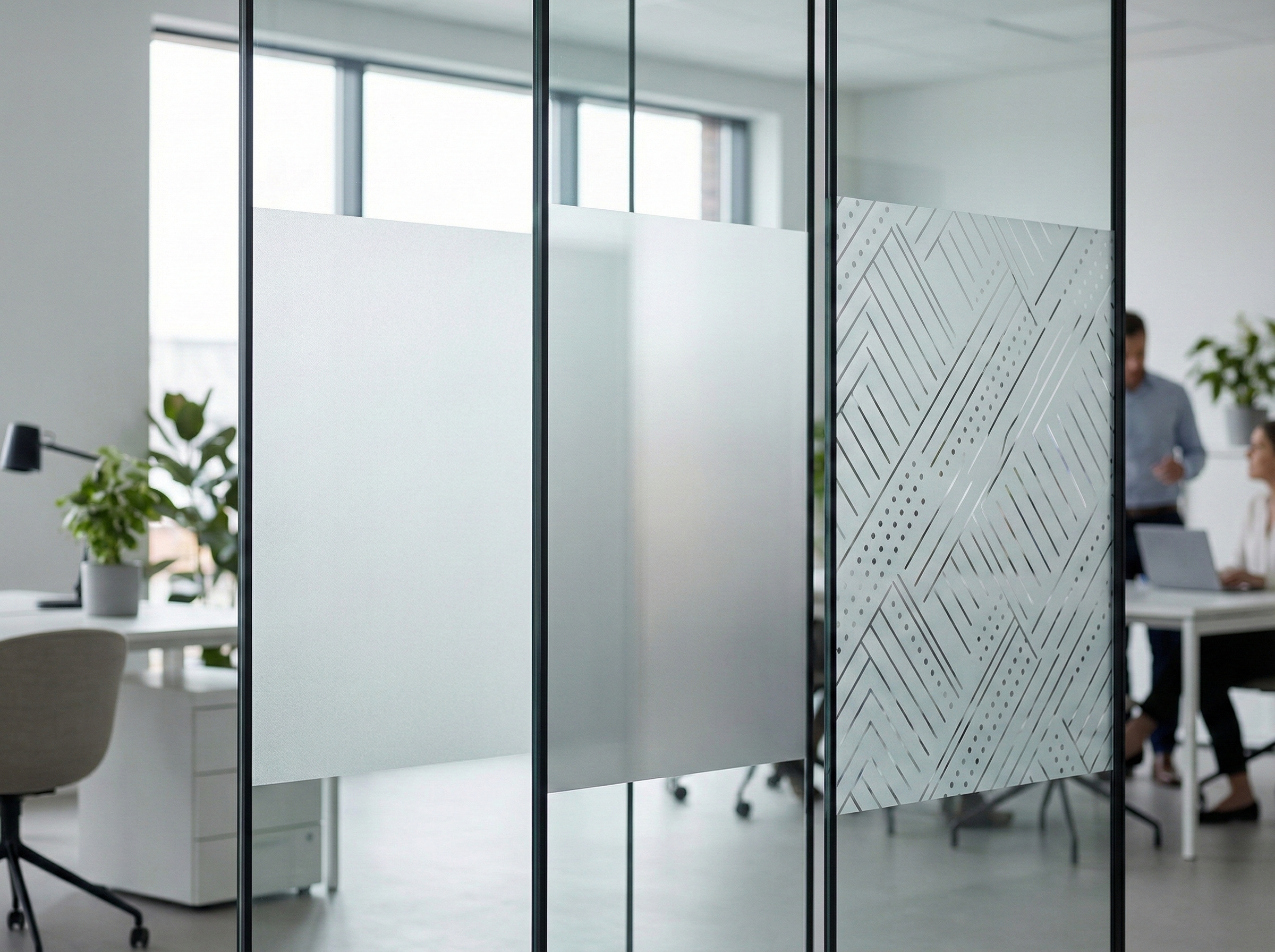 Different types of decorative window film used for office branding and privacy