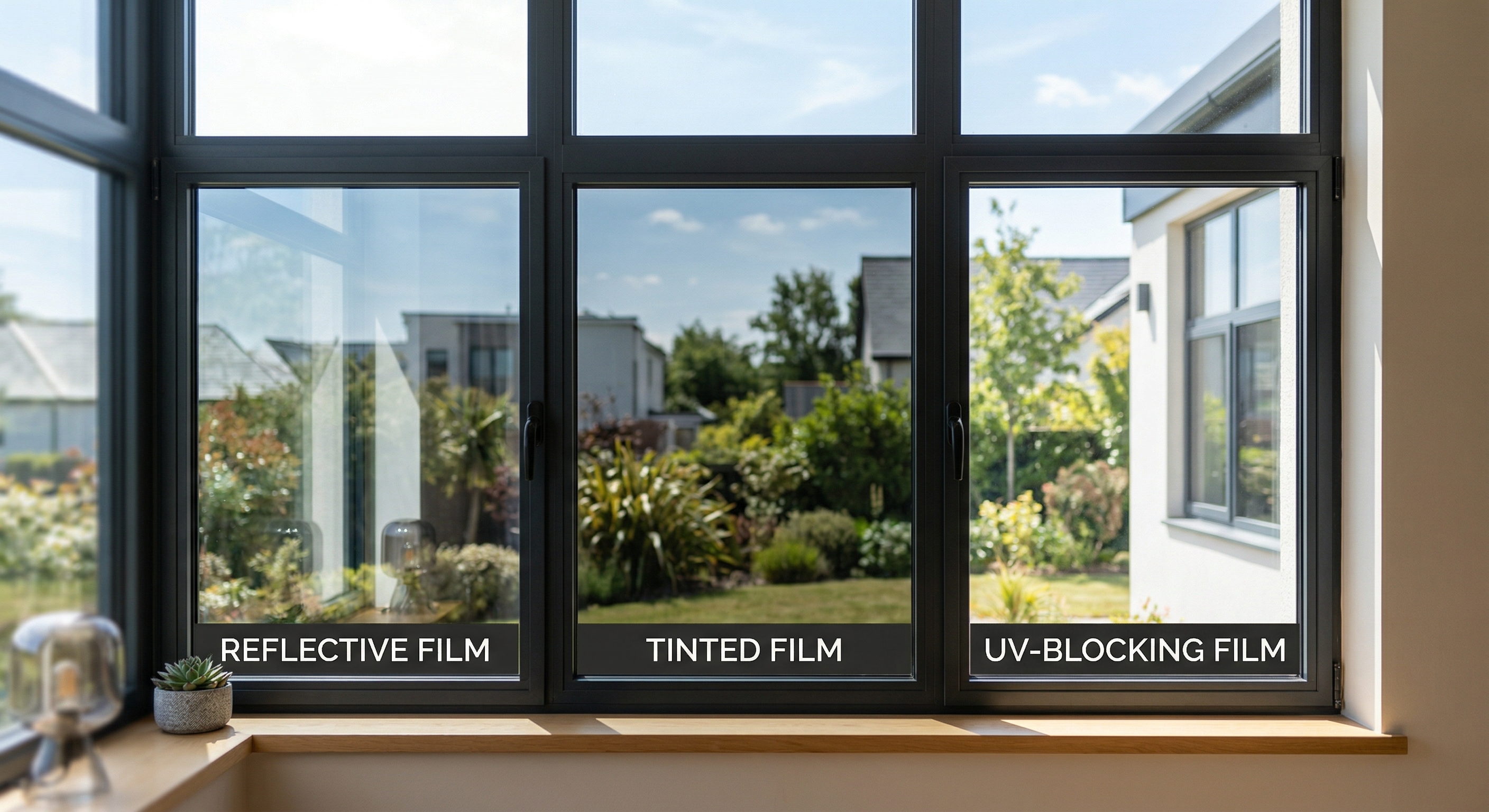 Reflective, tinted, and UV-blocking window films reducing TV glare