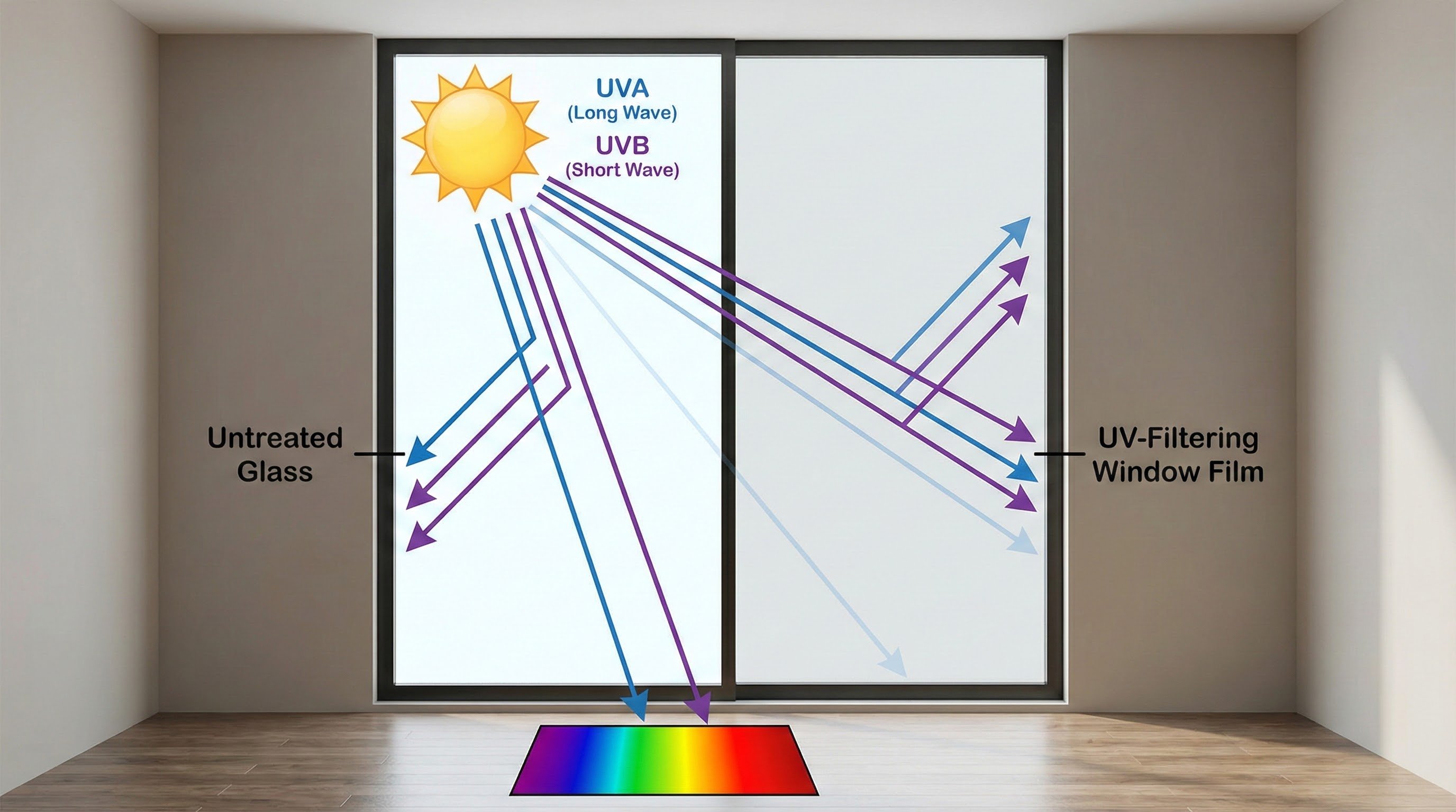 Diagram showing UVA and UVB rays passing through glass and being blocked by window film