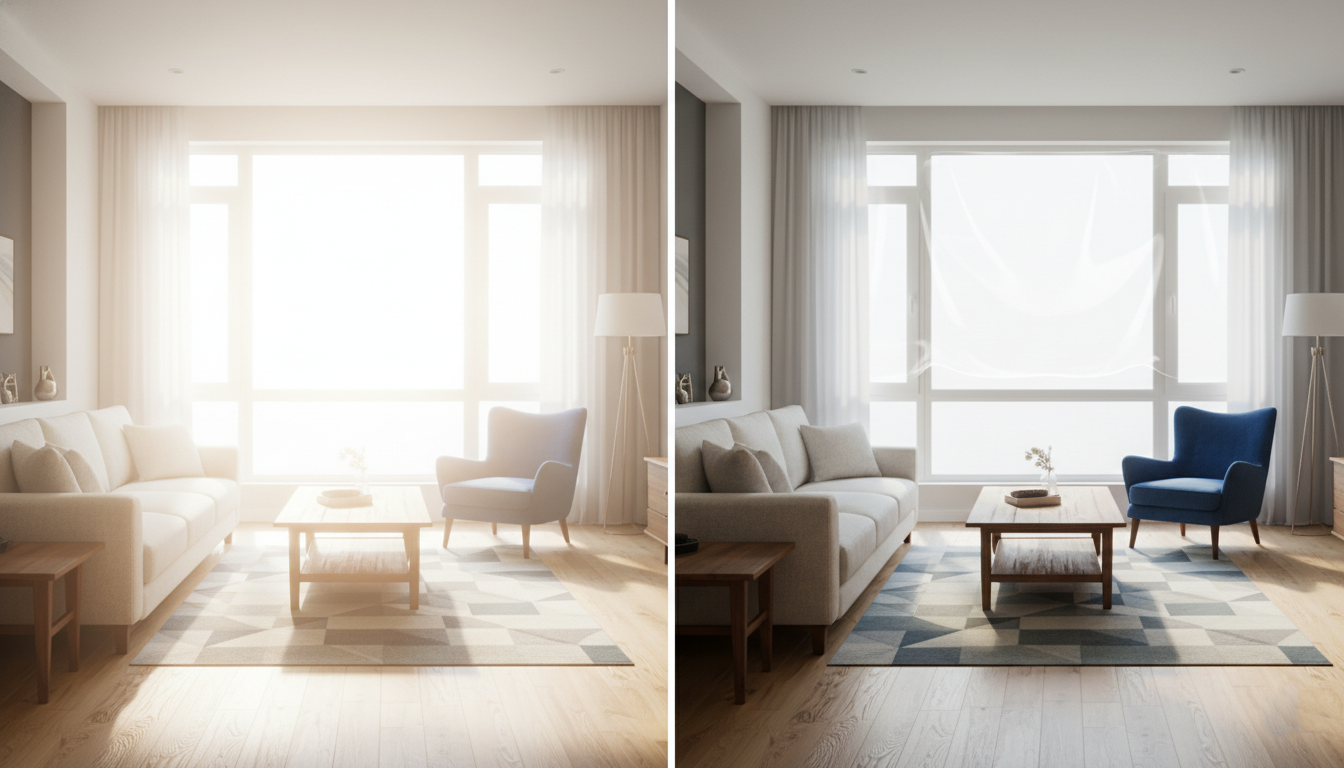 Before and after comparison of home living room with window film installed