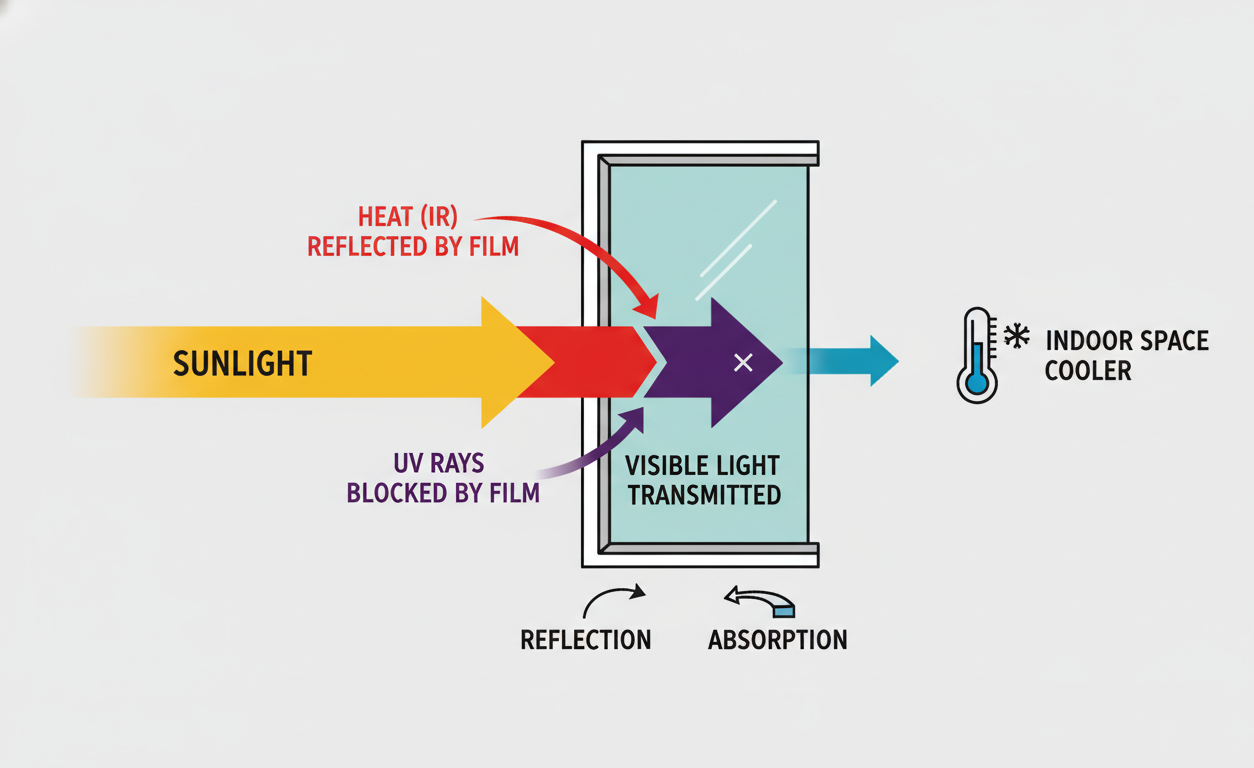 Diagram showing how window film reflects sunlight and blocks heat