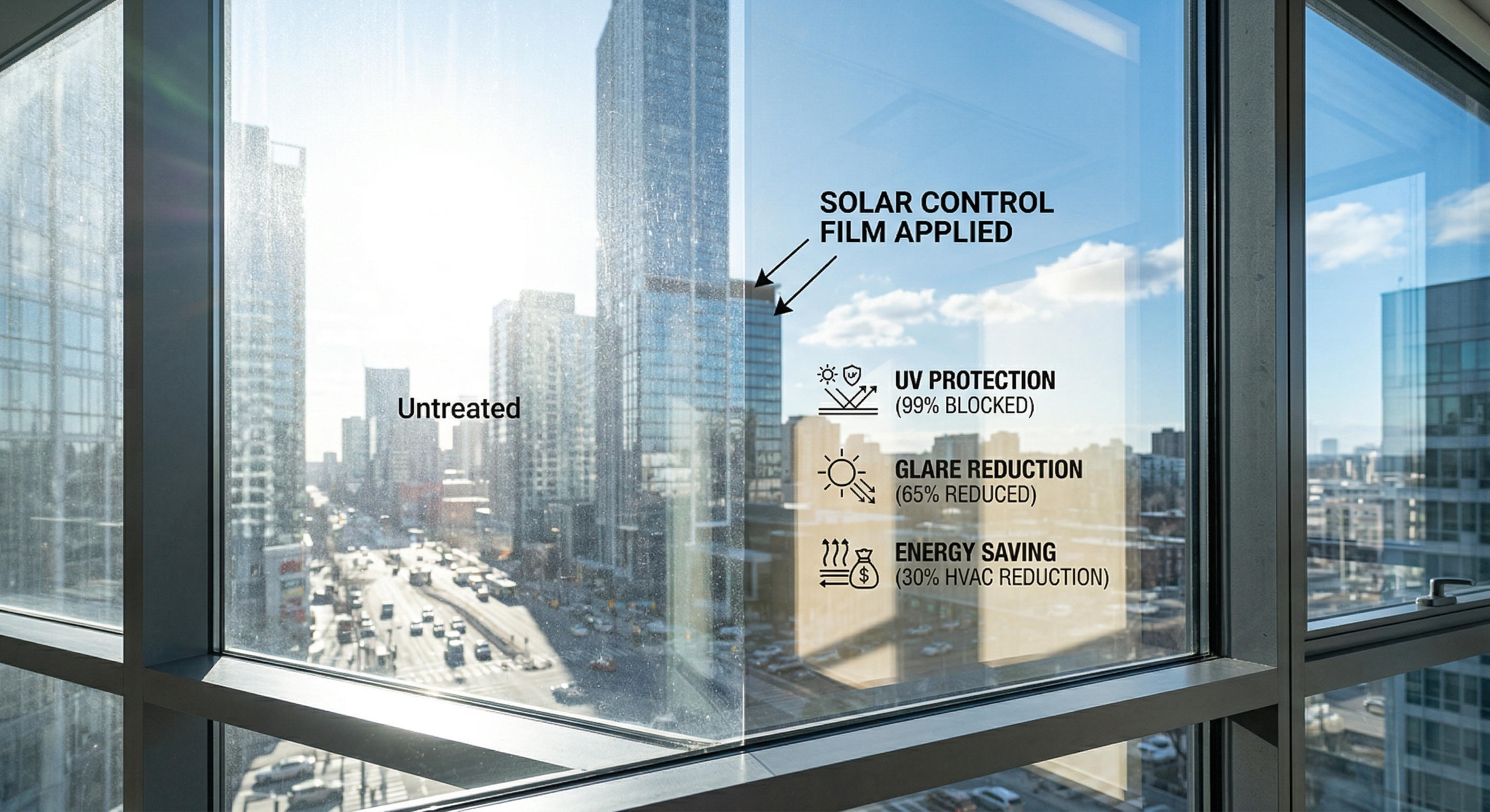 Close-up of commercial window with solar control film reducing glare and UV rays