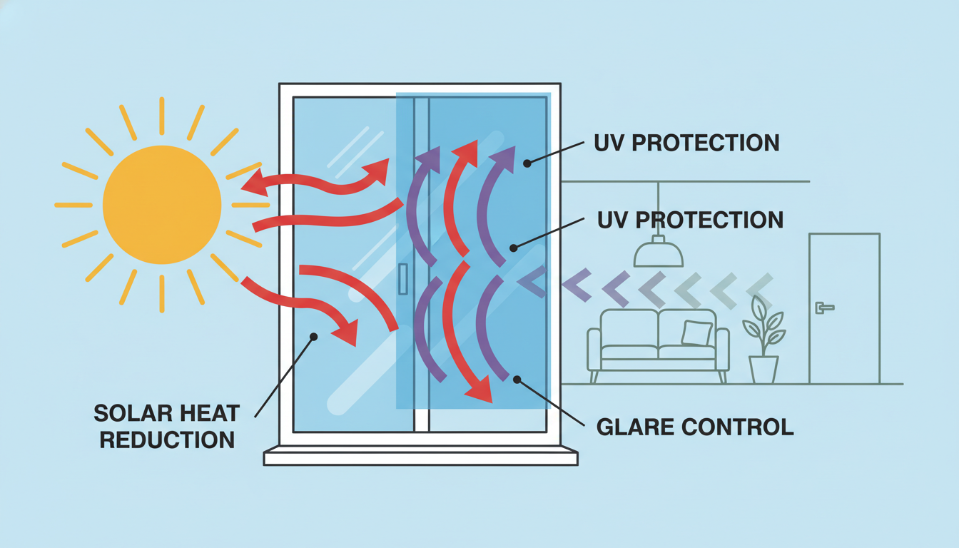 Diagram of residential window film reflecting sunlight, reducing heat and UV rays.