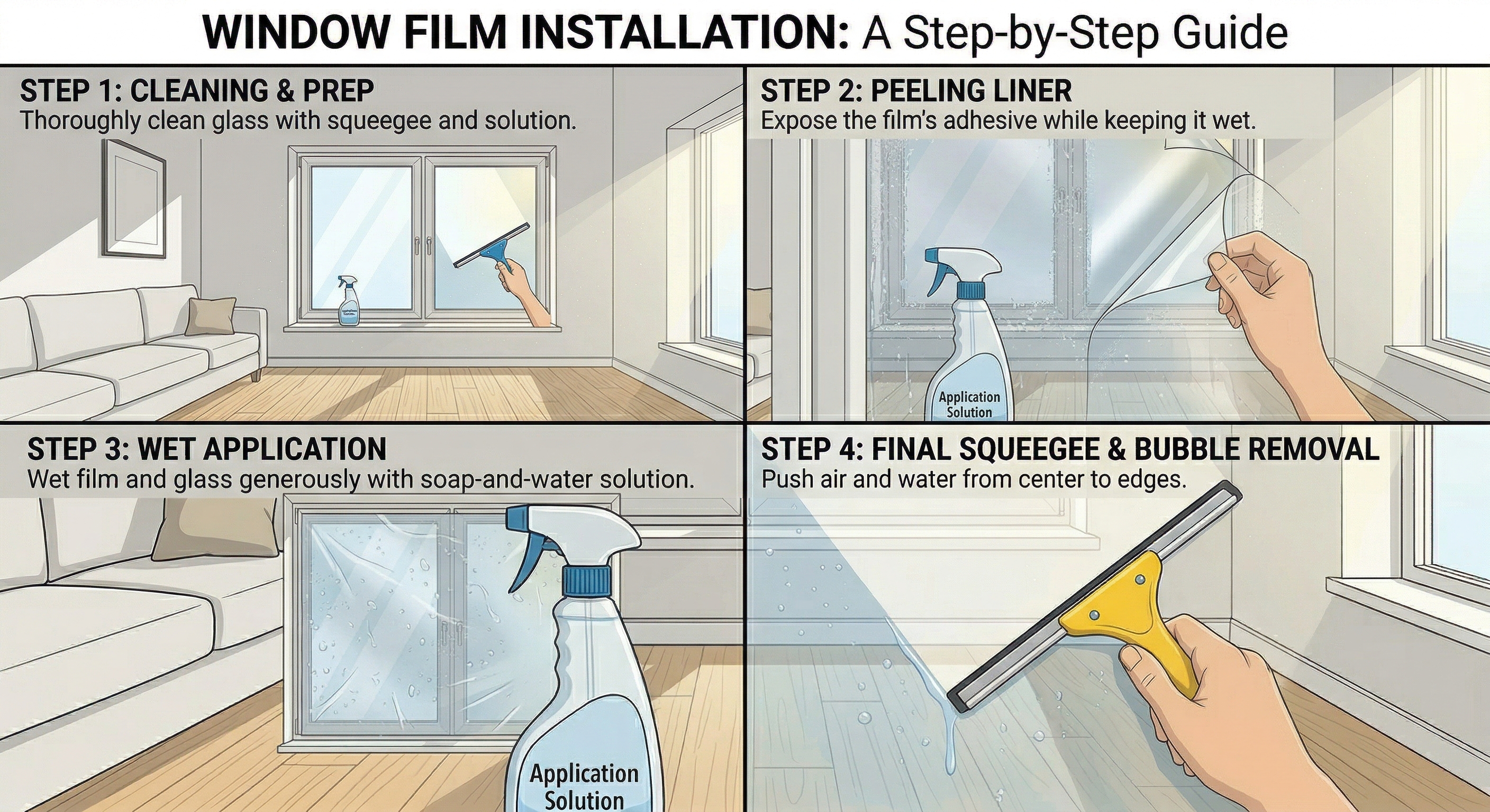 Step-by-step window film installation on home window