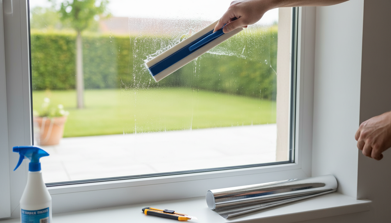 Installing window film on a home window using a squeegee for smooth application.