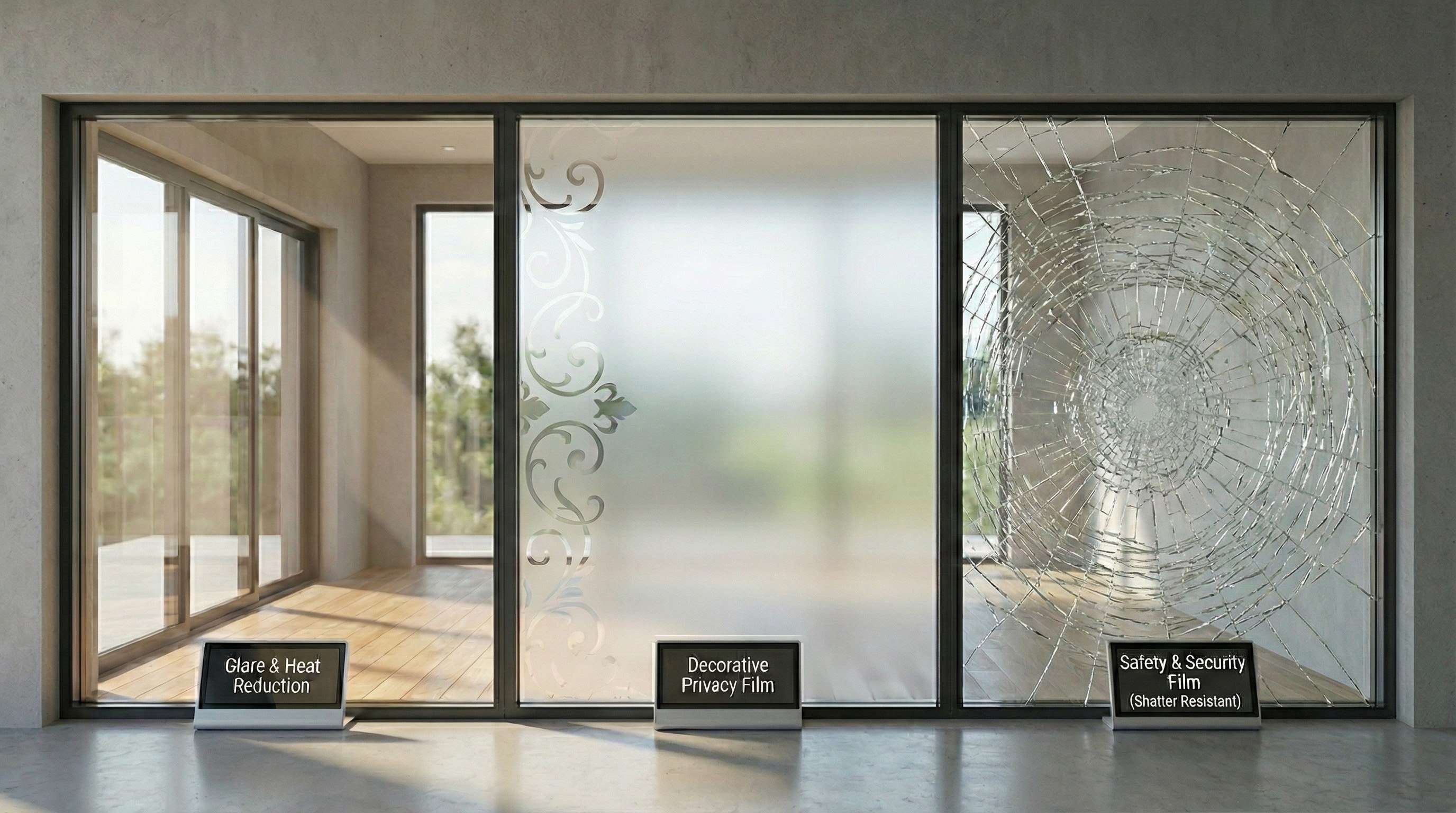 Comparison of solar control, decorative, and safety window films showing durability differences