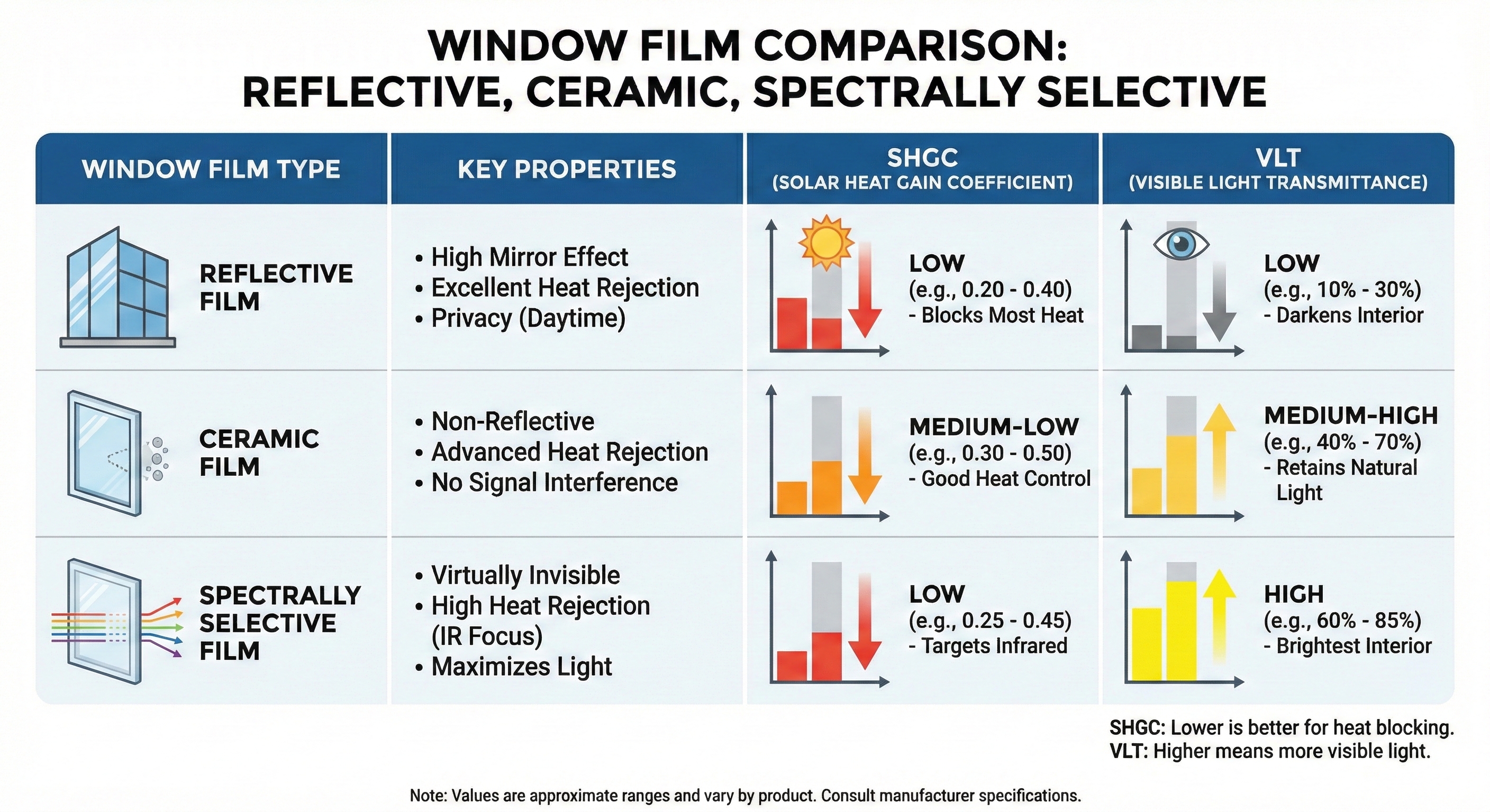 Comparison of window films showing heat reduction, SHGC, and VLT performance