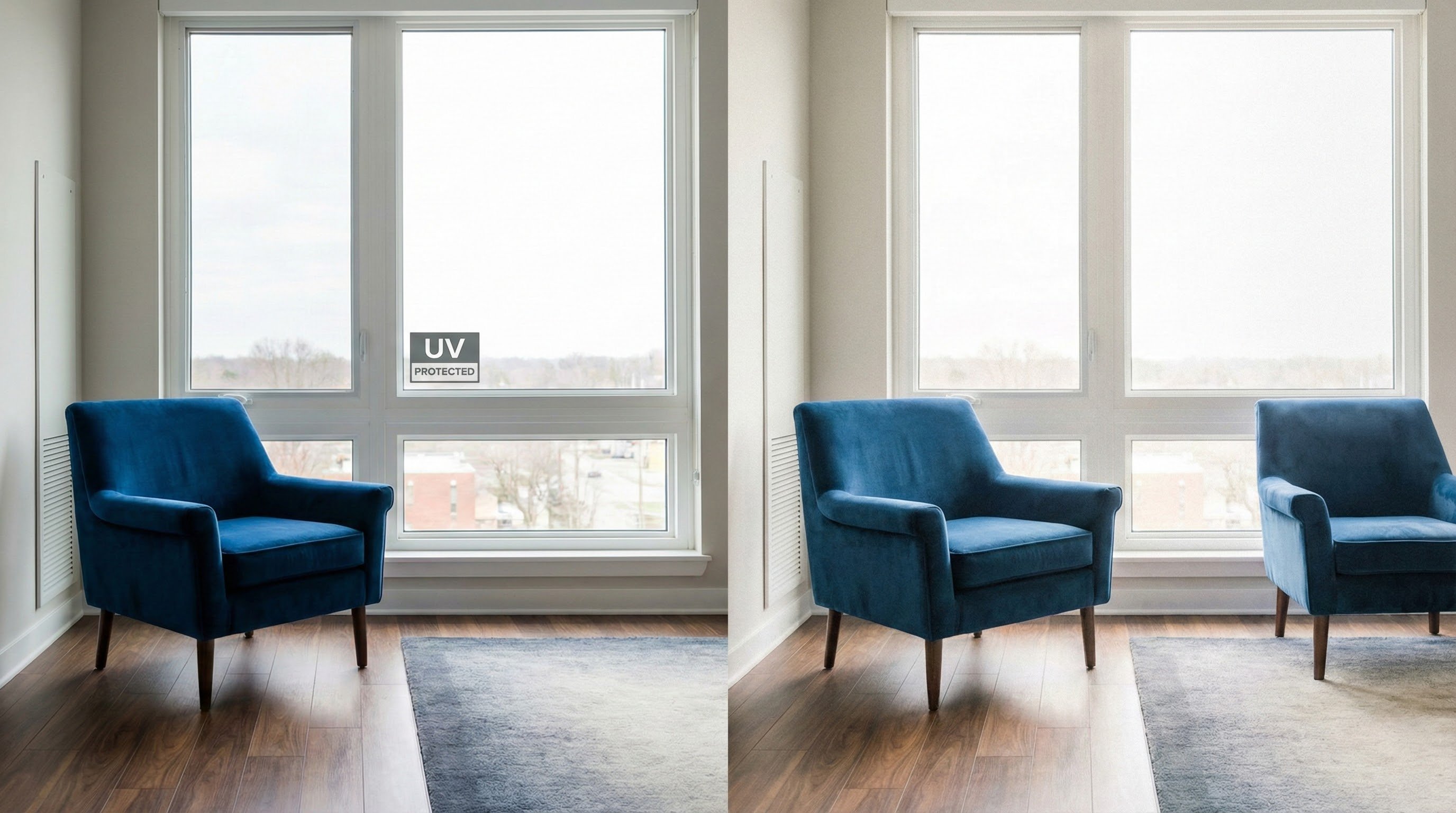 Window film helping prevent fading of furniture and flooring from UV exposure