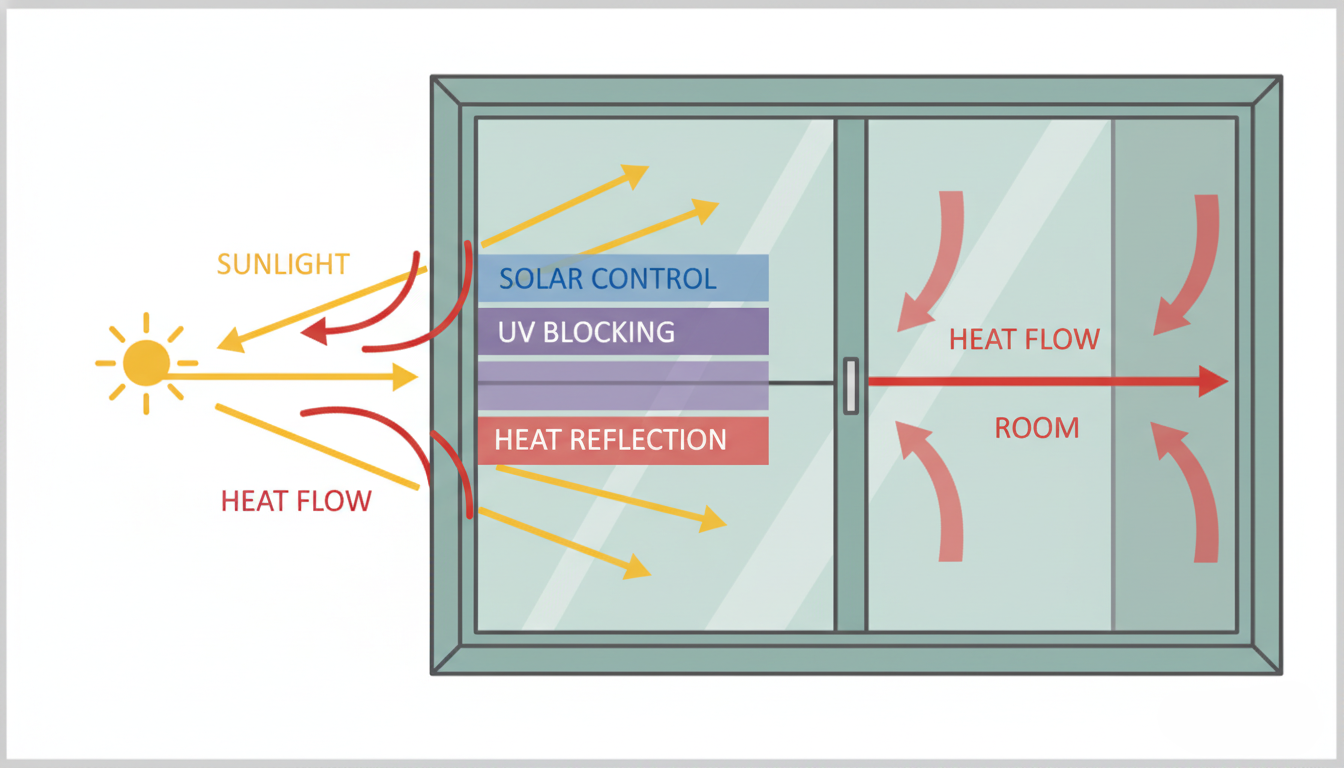 Diagram showing how window film layers reflect heat and block UV rays