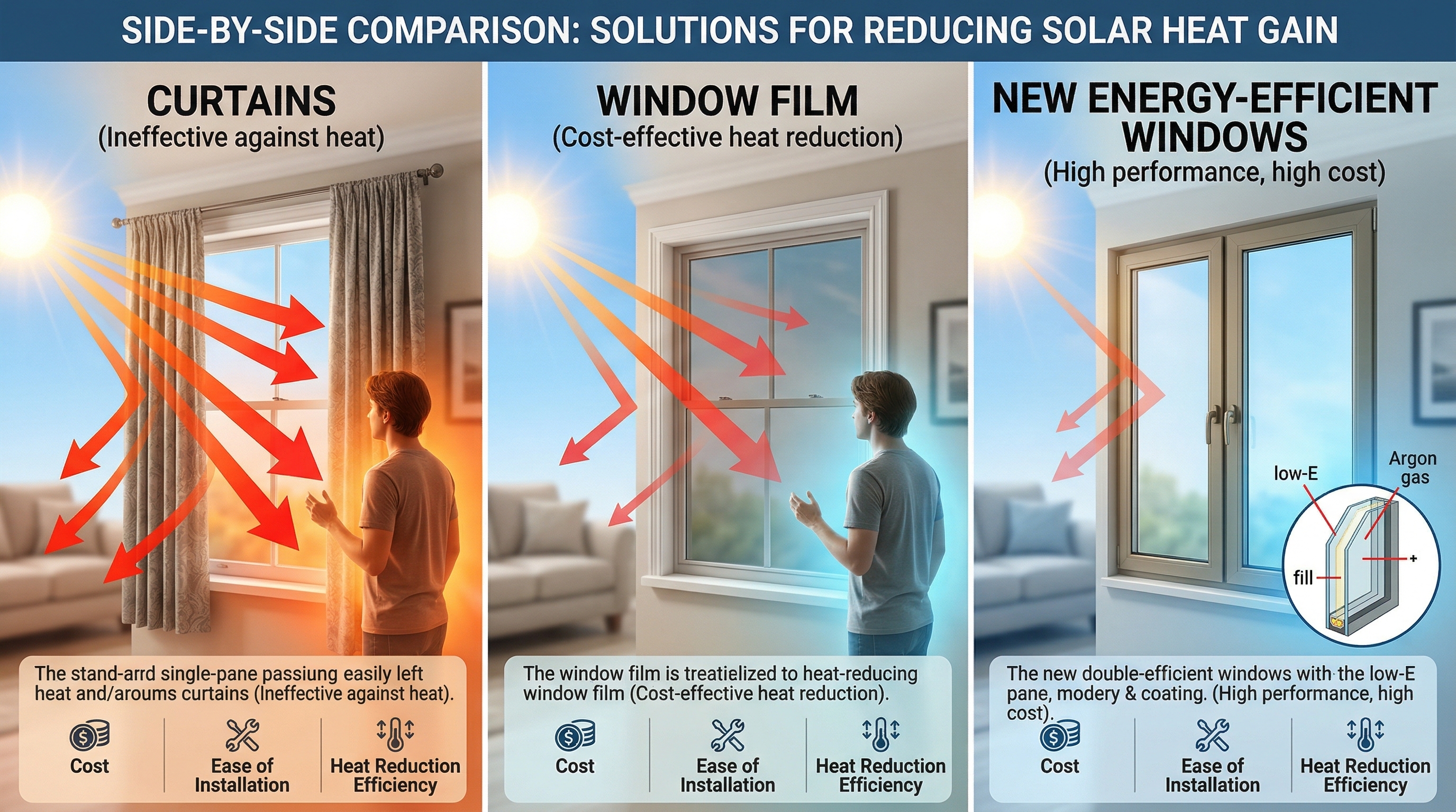 Comparison of window film vs curtains and new windows for heat reduction and cost efficiency